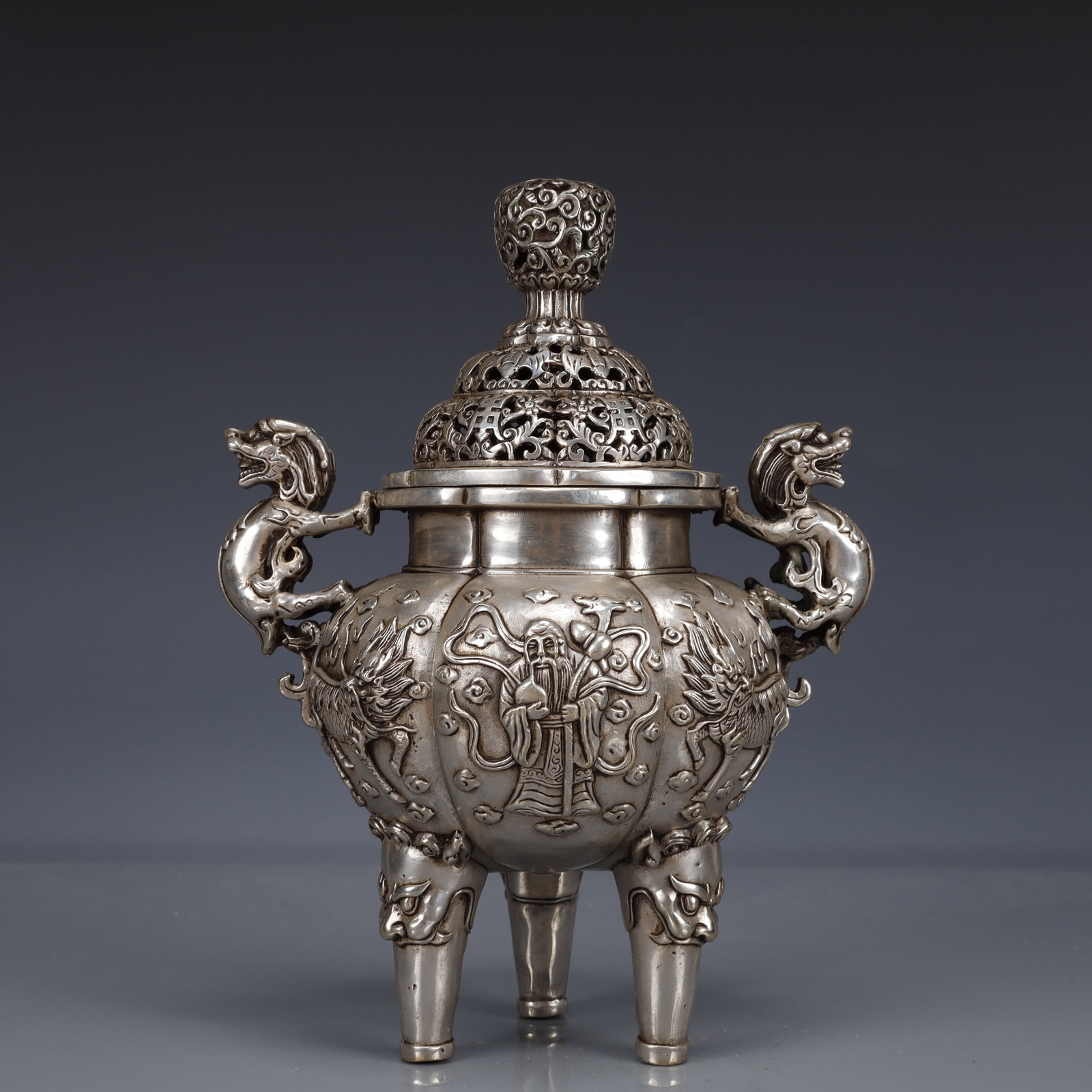 An Exquisite Silver-Plated Bronze Figure and Kylin Pattern Double-Ears and Tripod Censer: An Exquisite Silver-Plated Bronze Figure and Kylin Pattern Double-Ears and Tripod Censer,The Republic of China,Size:7.5inx5.9inx8.7in,Weight:1350g 铜镀银人物麒Ɩ