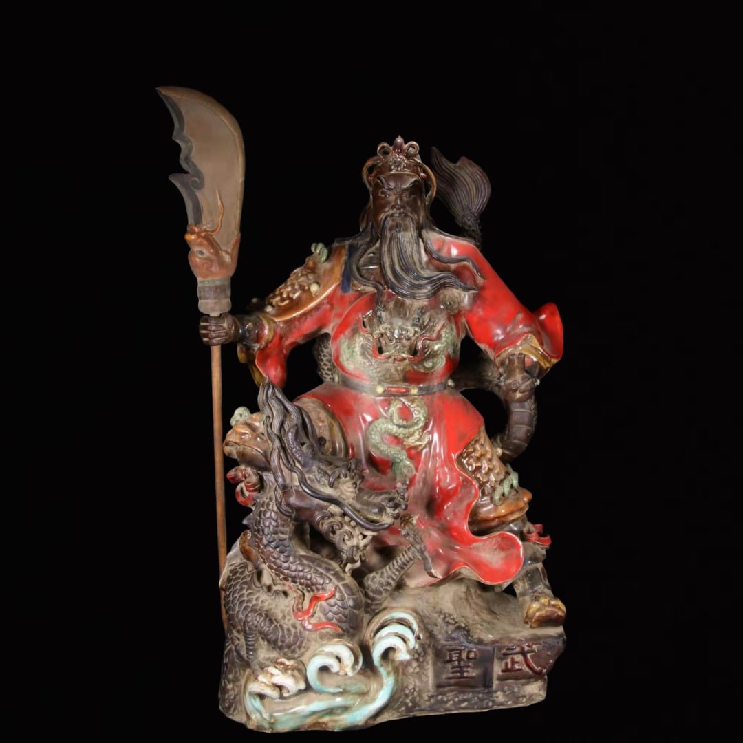 A Huge Shiwan yao Statue of Guan Gong: A Huge Shiwan yao Statue of Guan Gong,Qing Dynasty, China,Size:12.6inx11.8inx20.1in 石湾窑关公像,中国清代