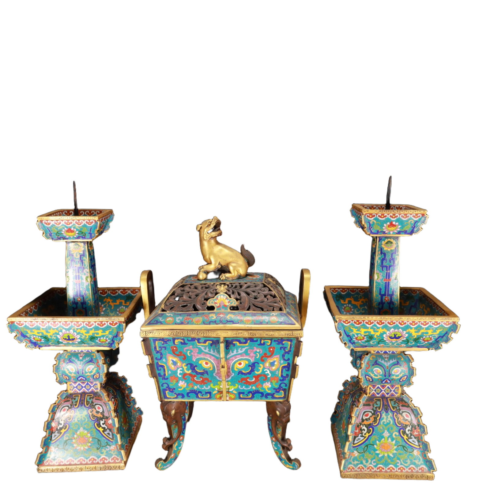 A Set of Fine Cloisonne Beast-Face Pattern Ornaments: A Set of Fine Cloisonne Beast-Face Pattern Ornaments,Qing Dynasty,China,Qianlong Four-character Mark,Size:10.6inx7.9inx18.1in,Weight:30100g 一套景泰蓝兽面 