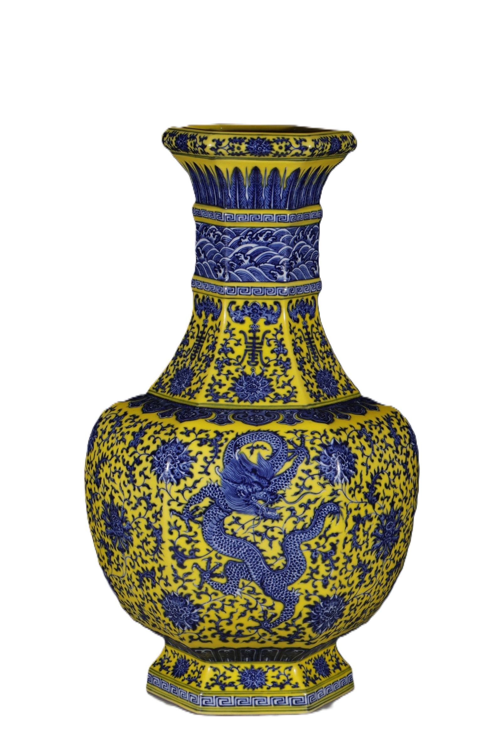 A Huge Yellow Ground Blue and White Lotus and Dragon Pattern Vase: A Huge Yellow Ground Blue and White Lotus and Dragon Pattern Vase,Qing Dynasty,China,Qianlong Six-character Mark,Size:19.2in 黄地青花缠枝莲龙纹