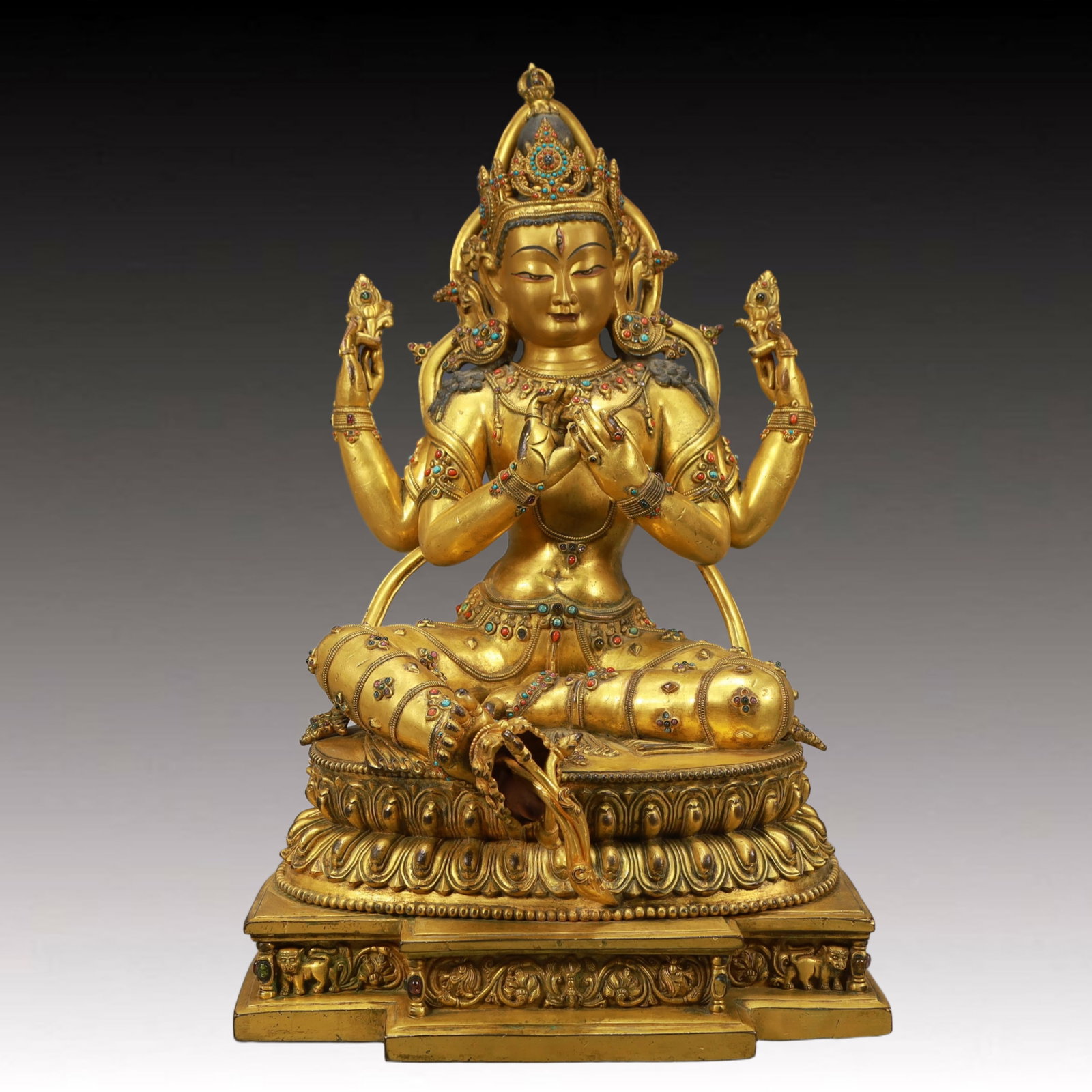 A Solemn Gilt Bronze Statue of Four-arms Guanyin ,Inlaid Turquoise,With Inscription: A Solemn Gilt Bronze Statue of Four-arms Guanyin ,Inlaid Turquoise,With Inscription,Ming Dynasty, China,Qianlong Mark,Size:12.2inx9.4inx19.5in,Weight:18600g 铜鎏金四臂