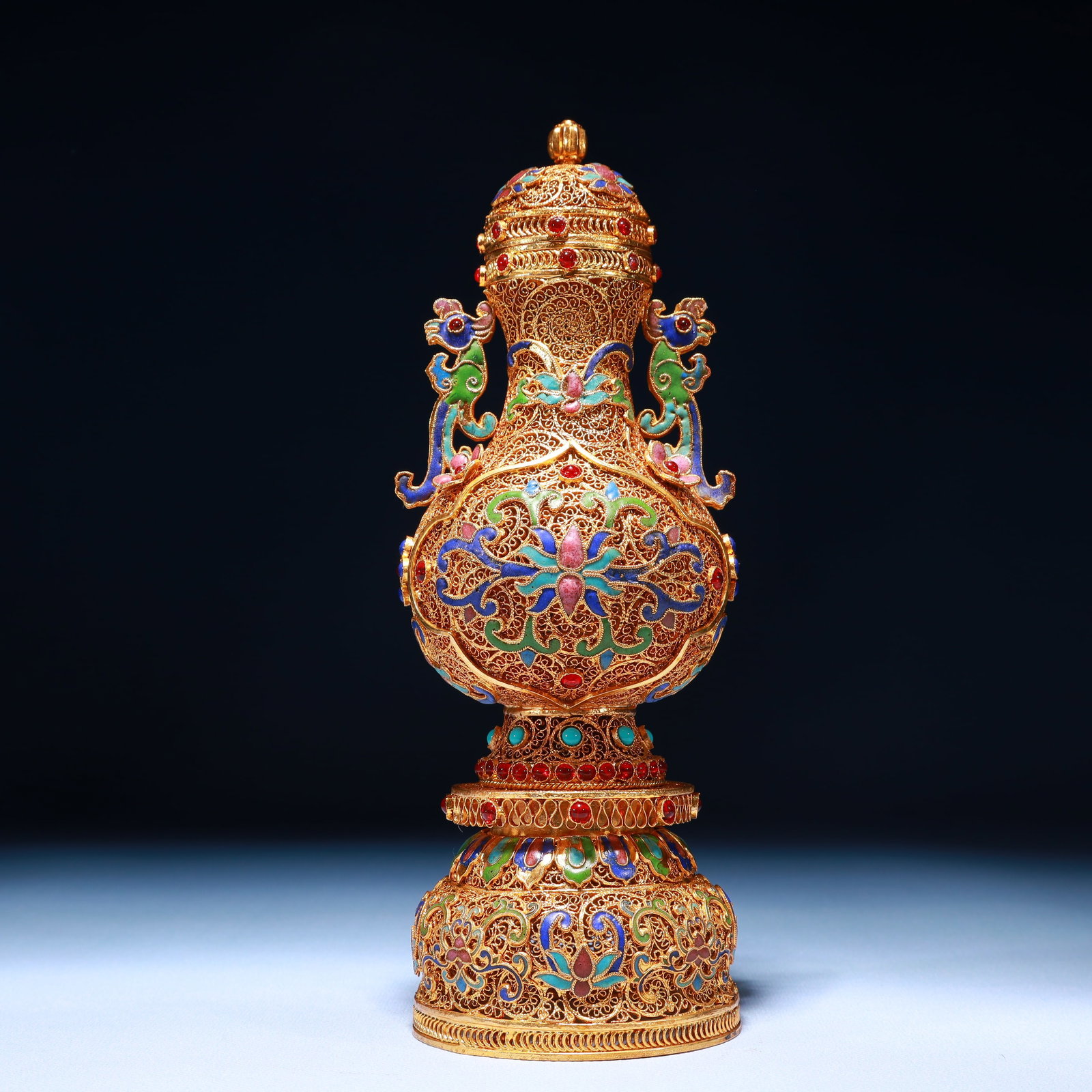 An Exquisite Filigree and Gilding Lotus Pattern Double-Ears Bottle,Inlaid Turquoise: An Exquisite Filigree and Gilding Lotus Pattern Double-Ears Bottle,Inlaid Turquoise,Qing Dynasty,China,Qianlong Four-character Mark,Size:3.5inx9.4in,Weight:500g 掐丝鎏金缠