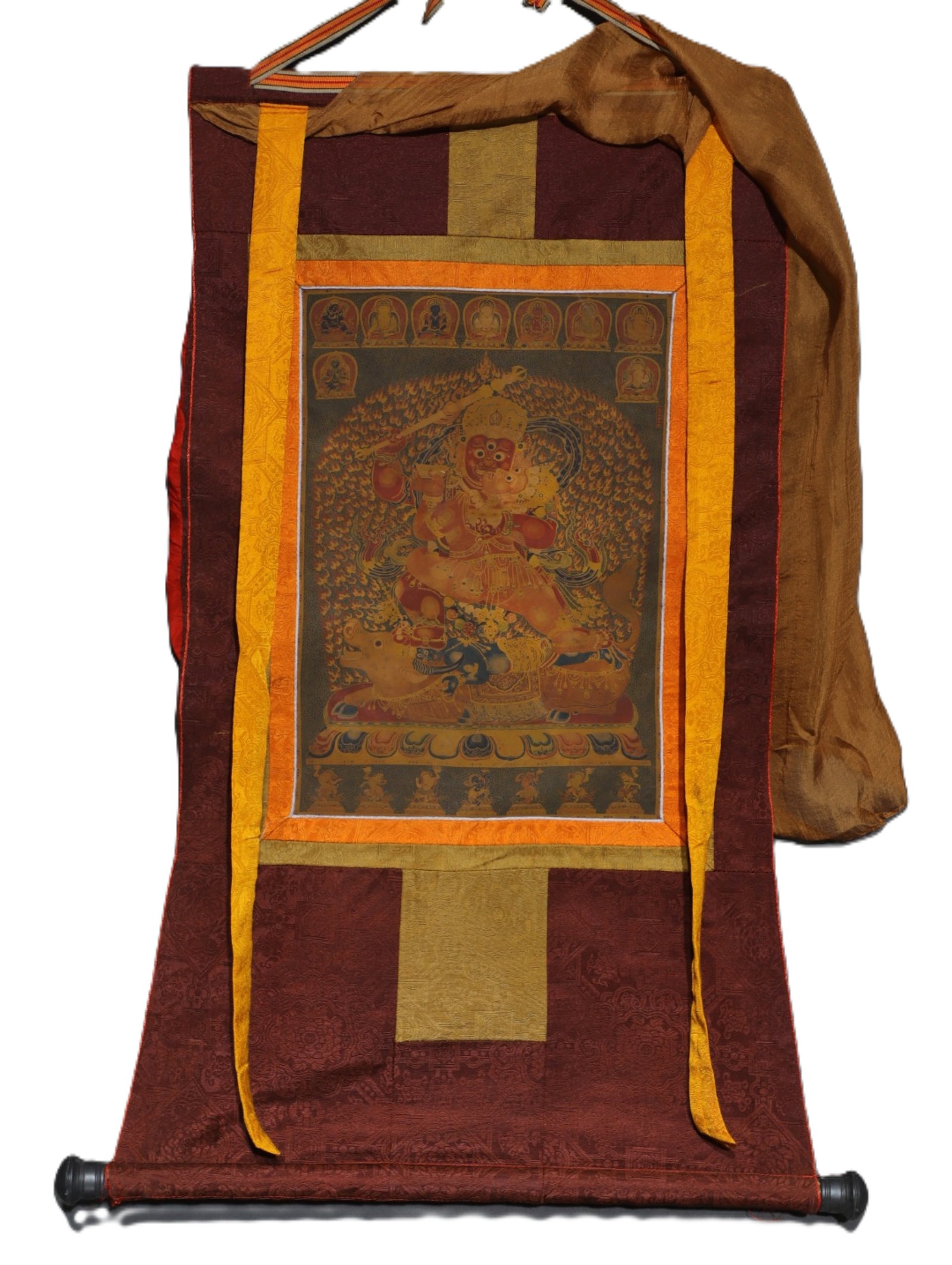A Rare Brocade Painted Color Statue of Vajra Tangka: A Rare Brocade Painted Color Statue of Vajra Tangka,Qing Dynasty, China,Size:34.6inx18.1in,(Without frame)16.5inx11in 织锦彩绘金刚像唐卡,中&