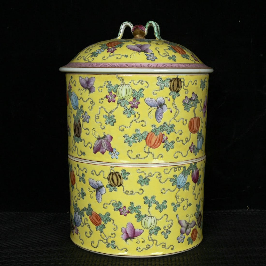 An Exquisite Yellow Ground Enamel Painted Gold Butterfly Melon and Fruit Pattern Box: An Exquisite Yellow Ground Enamel Painted Gold Butterfly Melon and Fruit Pattern Box,Qing Dynasty,China,Guangxu Six-character Mark,Size:10.4inx7.1in 黄地珐琅彩描