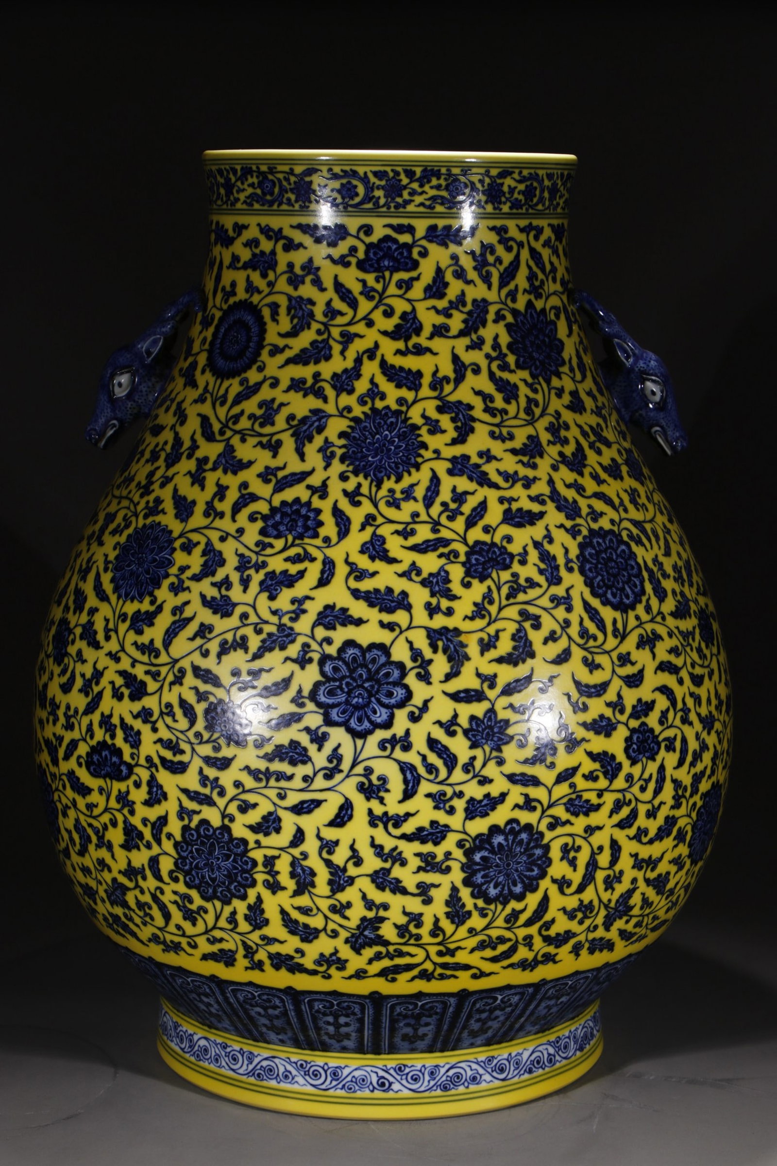 A Huge Yellow Ground Blue and White Lotus Pattern Deer-Ears Vase: A Huge Yellow Ground Blue and White Lotus Pattern Deer-Ears Vase,Qing Dynasty,China,Qianlong Six-character Mark,Size:27.6in 黄地青花缠枝莲纹鹿 
