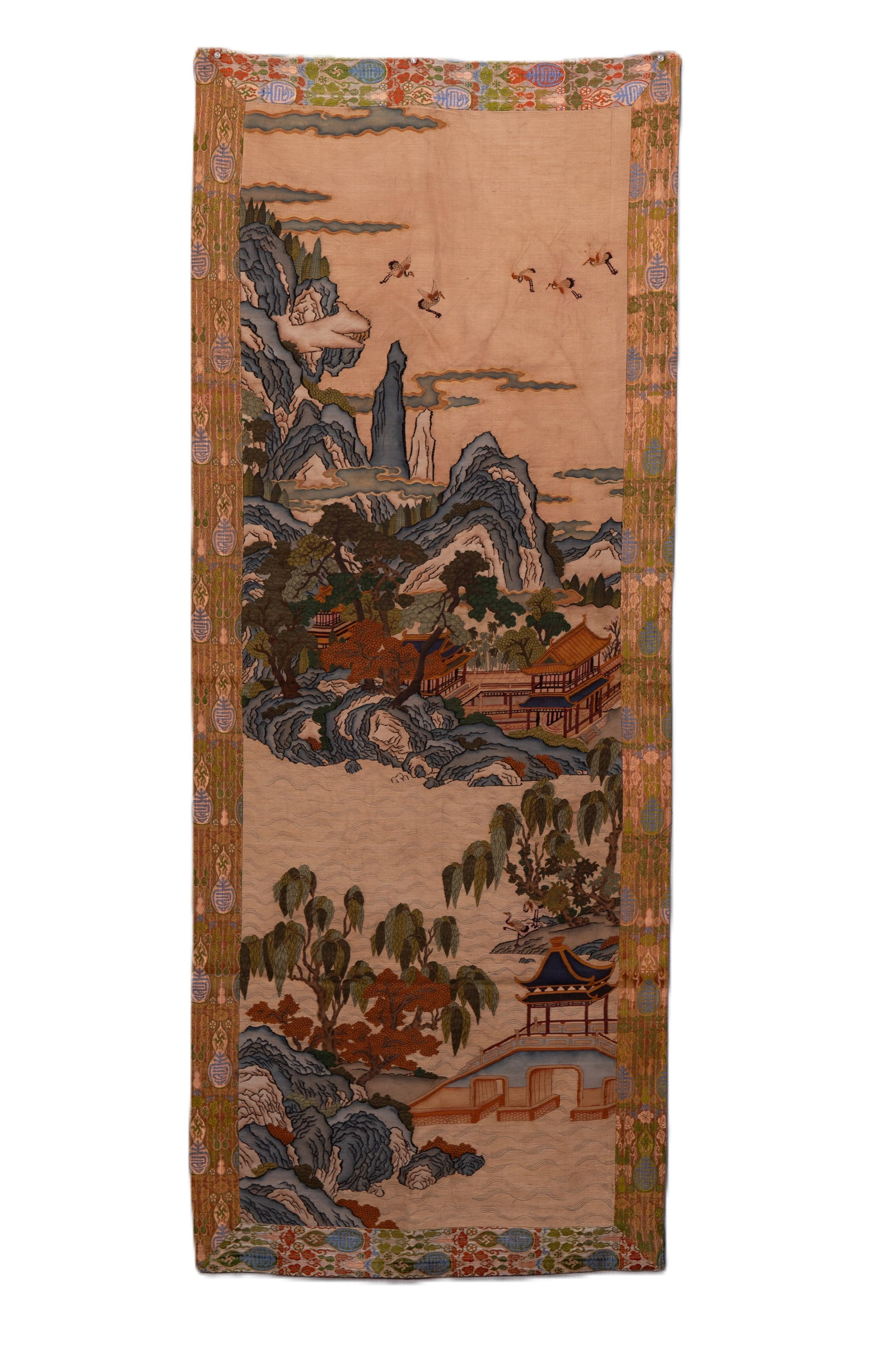 An Exquisite Kesi Embroidery Landscape Pattern: An Exquisite Kesi Embroidery Landscape Pattern,Qing Dynasty,China,Size:61inx24in 缂丝刺绣山水图,中国清代