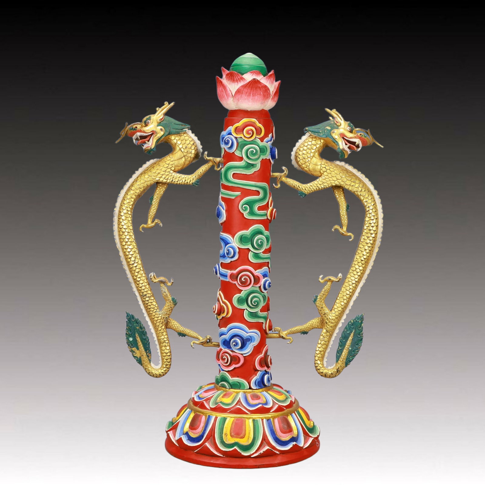 A Monumental Gilt Bronze Auspicious Cloud and Dragon Pattern Ornament: A Monumental Gilt Bronze Auspicious Cloud and Dragon Pattern Ornament,Ming Dynasty, China,Size:20.1inx11inx30.3in Weight:10500g 铜鎏金祥云龙纹摆件