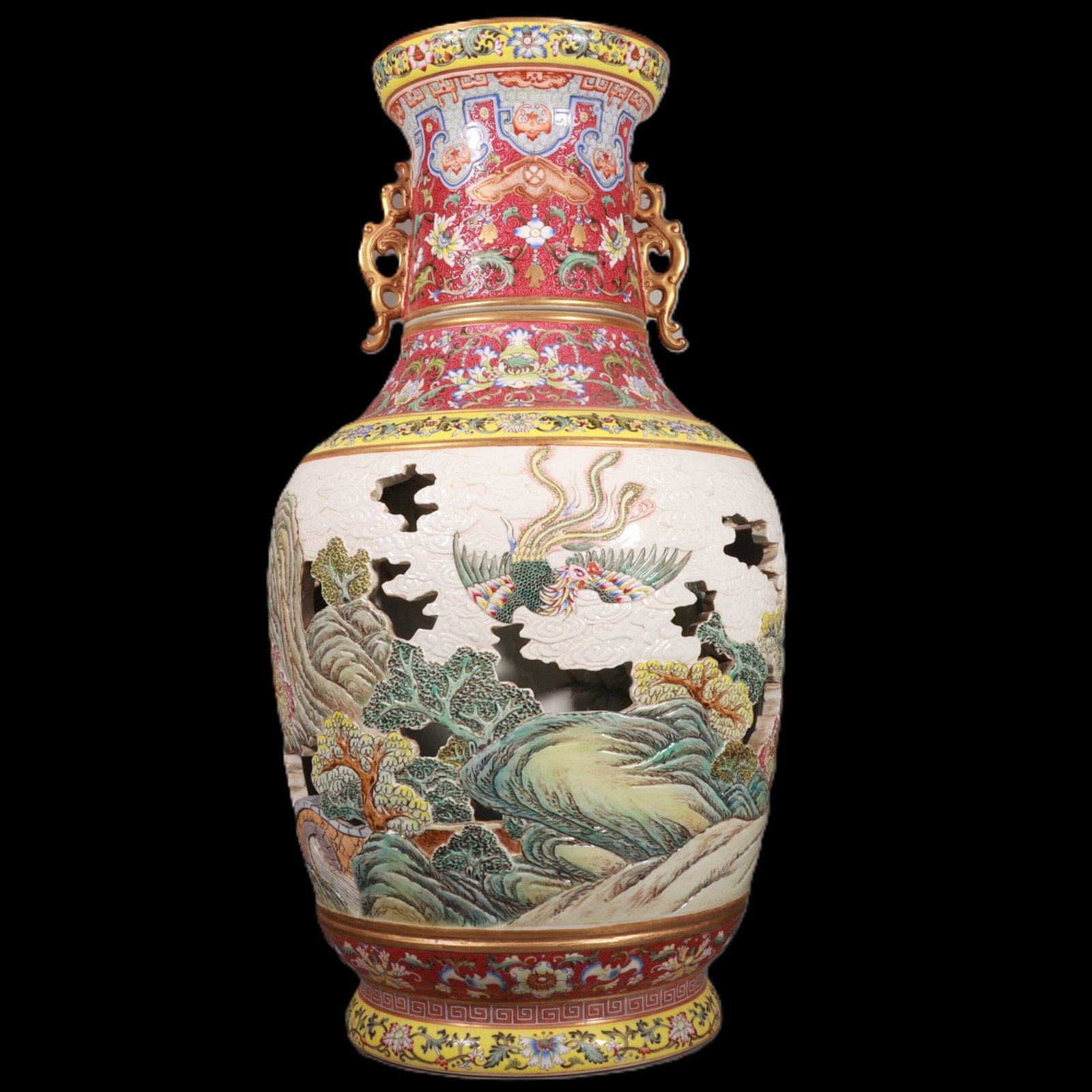 An Exquisite Famille-Rose Ruby Red-Glazed Auspicious Cloud and Phoenix Pattern Double-Ears Vase: An Exquisite Famille-Rose Ruby Red-Glazed Auspicious Cloud and Phoenix Pattern Double-Ears Vase,Qing Dynasty,China,Qianlong Four-character Mark,Size:25.2inx12.6in 粉彩胭脂ń