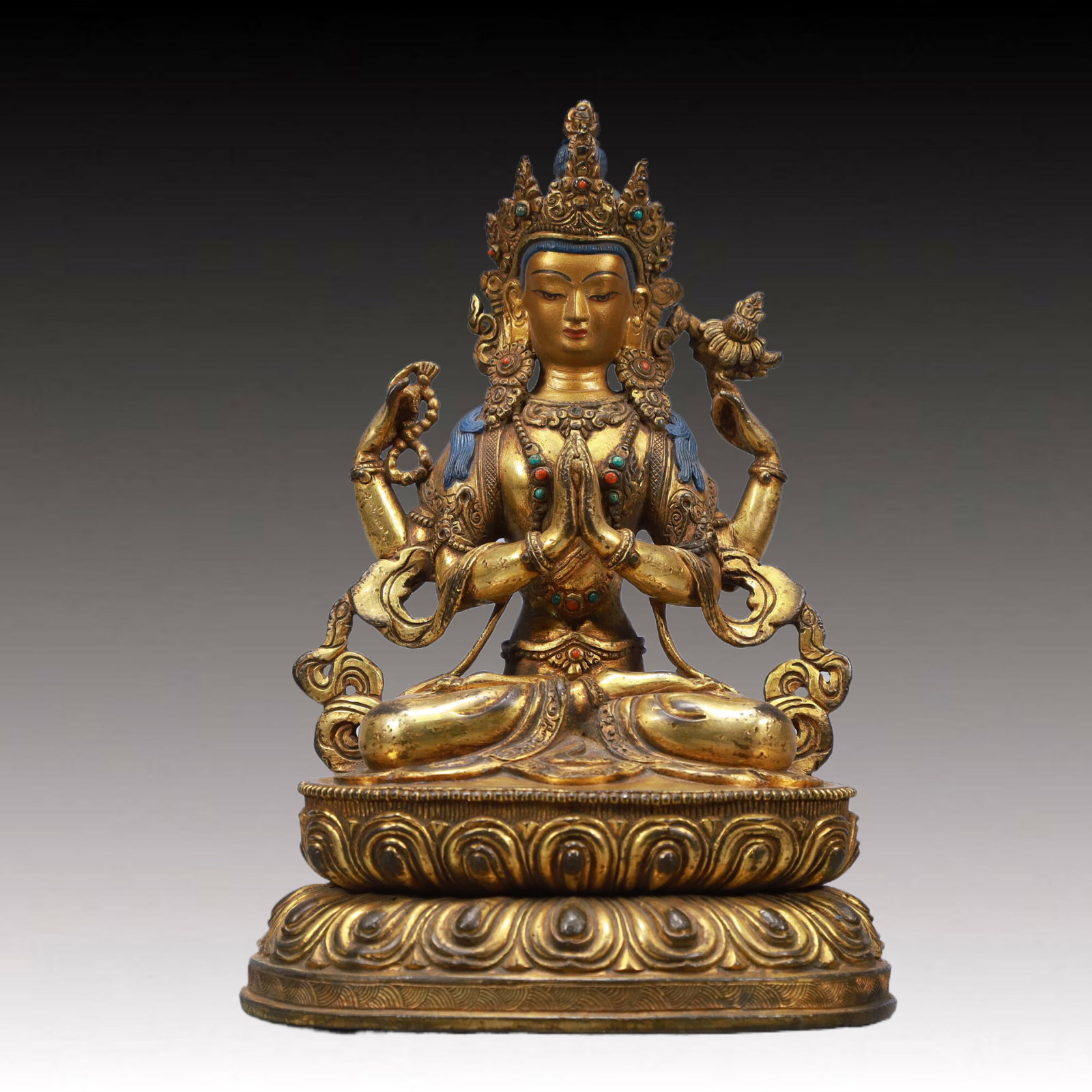 A Solemn Gilt Bronze Inlaid Gems Statue of Tara: A Solemn Gilt Bronze Inlaid Gems Statue of Tara,Ming Dynasty, China,Size:6.7inx4.7inx8.7inWeight:2050g 铜鎏金嵌宝石度母像,中国明