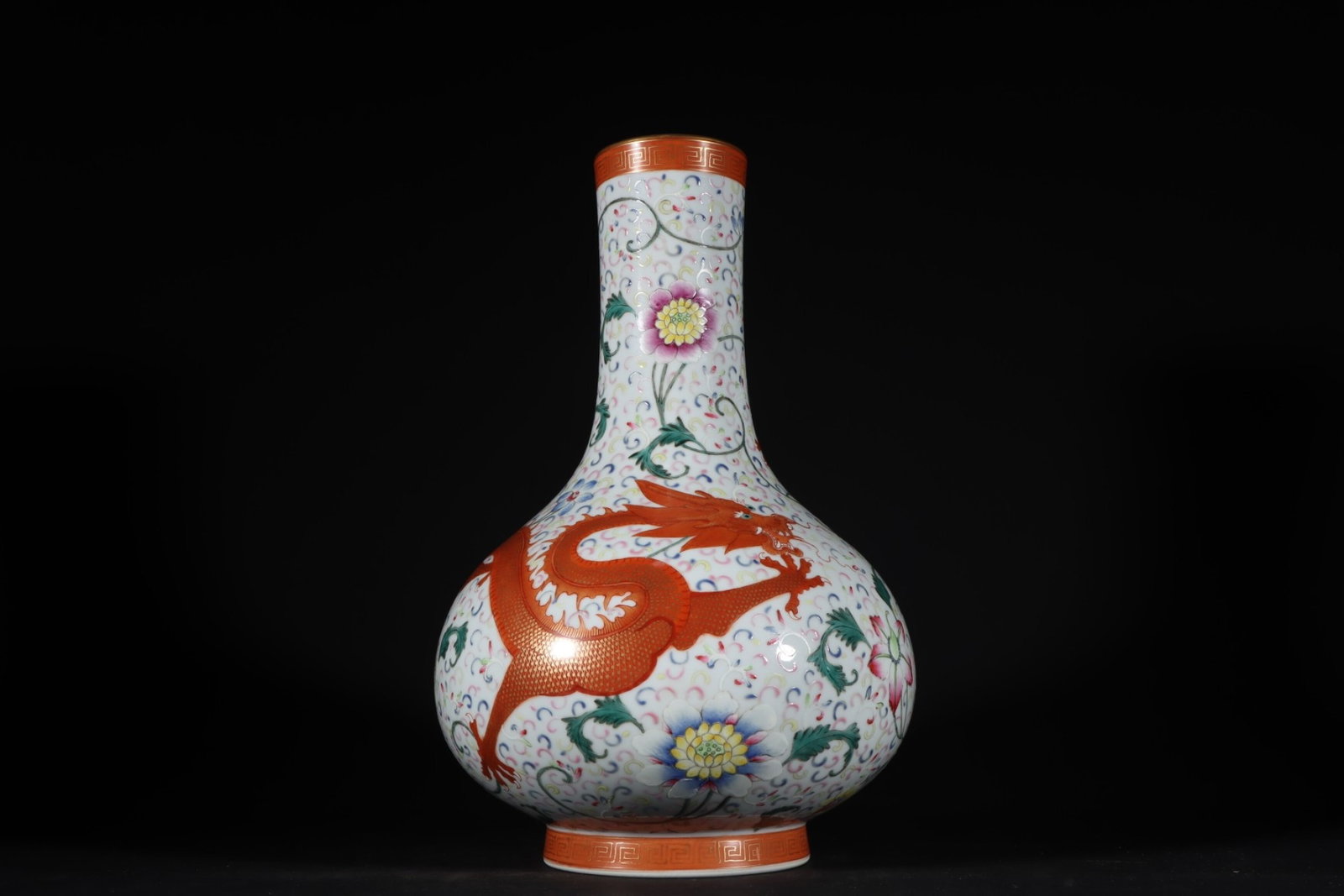 A Rare Famille-Rose Painted Gold Flower and Dragon Pattern Vase: A Rare Famille-Rose Painted Gold Flower and Dragon Pattern Vase,Qing Dynasty,China,Yongzheng Six-character Mark,Size:11.9inx8.3in 粉彩描金花卉龙纹ல