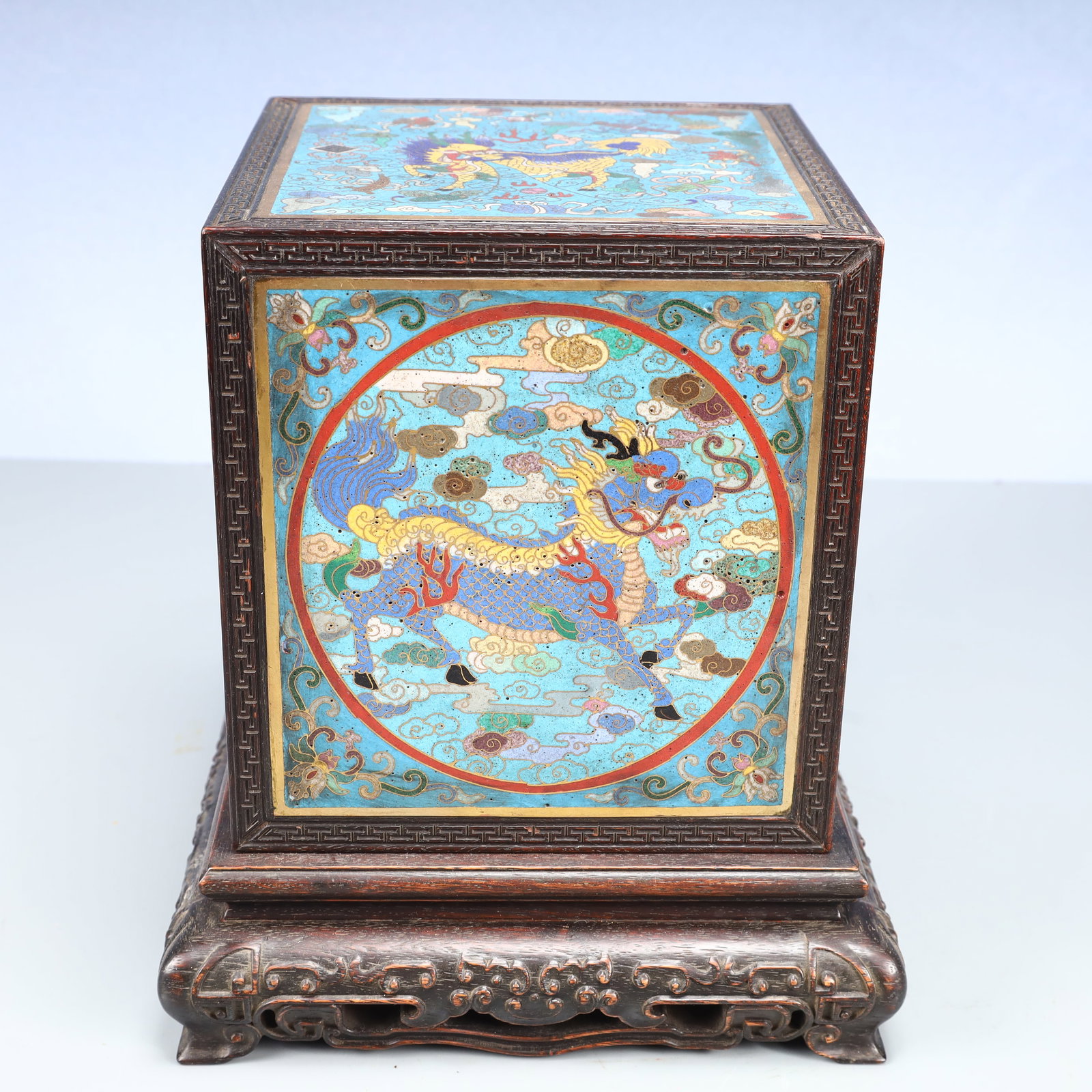 An Exquisite Zitanwood Inlaid Painted Enamel Auspicious Cloud and Kylin Pattern Seal Box (1 of 15)