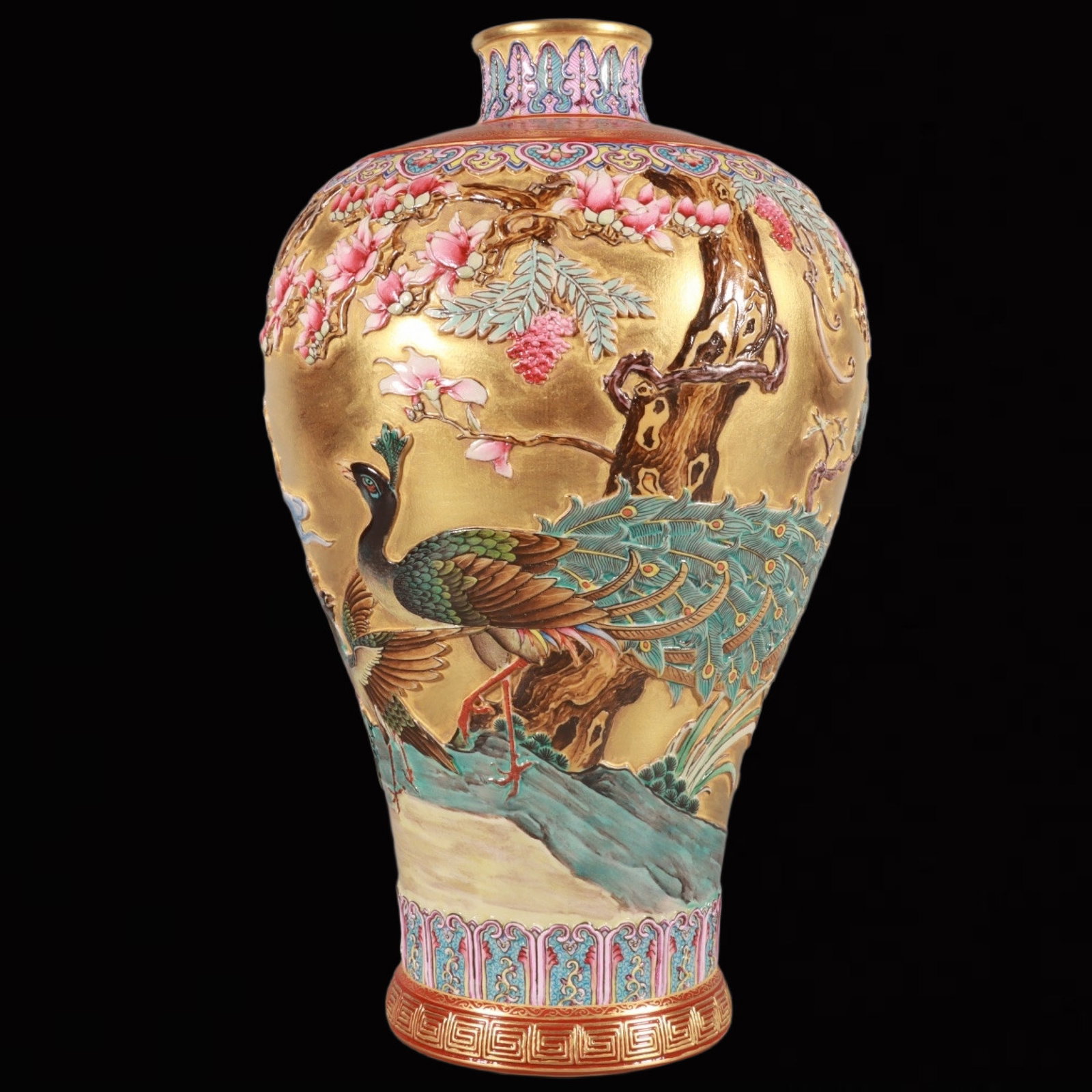 An Exquisite Enamel Gold Ground Flower and Peacock Pattern Vase (1 of 8)