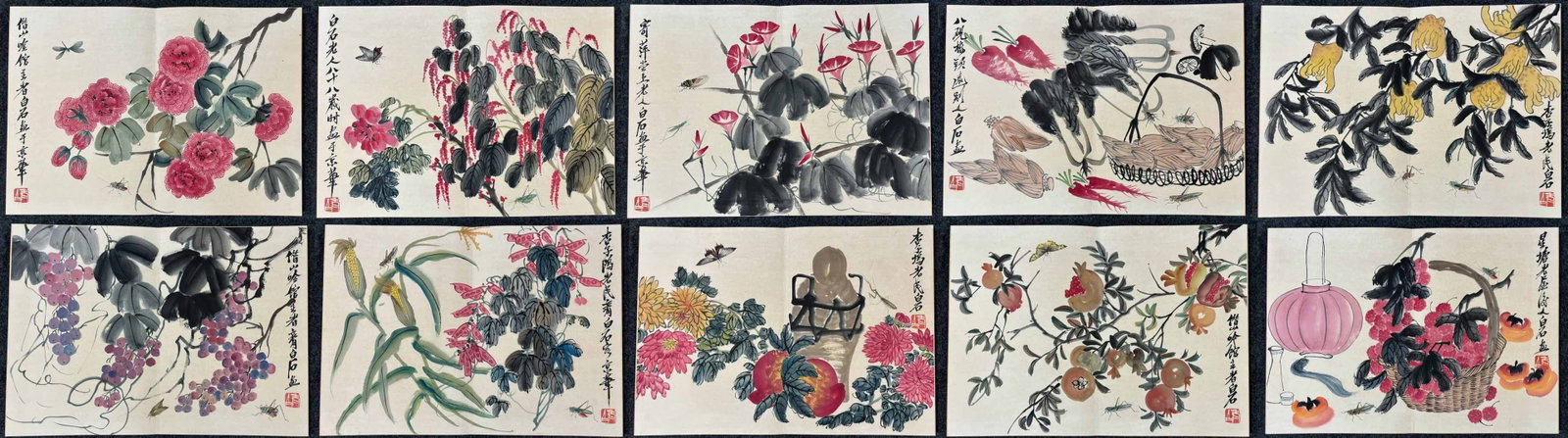 A Chinese Album Ink Painting of Flower and Fruit on Paper: A Chinese Album Ink Painting of Flower and Fruit on Paper,Qi Baishi,Size:17.7inx12.6in 一本中国水墨花果画册,齐白石