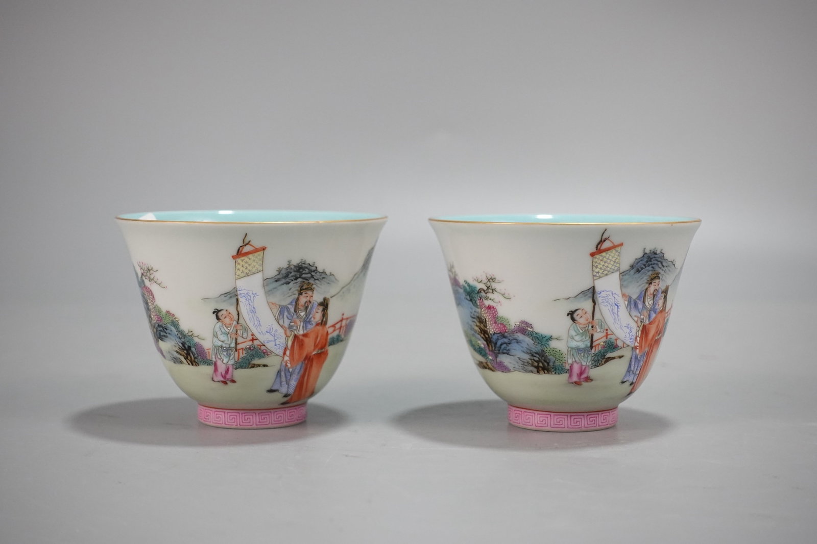 A Pair of Exquisite Famille-Rose Figure Pattern Cups: A Pair of Exquisite Famille-Rose Figure Pattern Cup,Qing Dynasty,China,Qianlong Six-character Mark,Size:2.3inx3ins