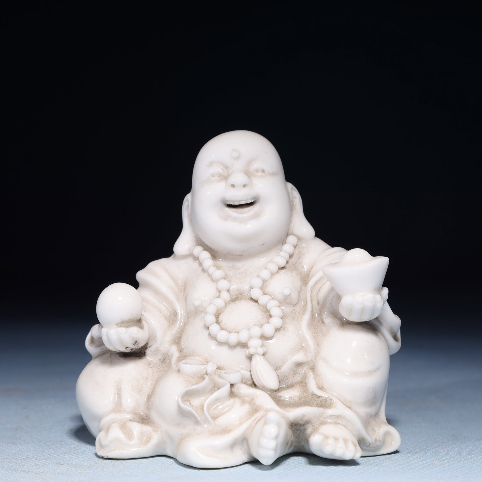 A Solemn Blance-De-Chine Statue of Maitreya Buddha: A Solemn Blance-De-Chine Statue of Maitreya Buddha Blance-De-Chine Statue of Maitreya Buddha,Ming Dynasty,China,He Chaozong Mark,Size:3.9inx3.1inx3.9in,Weight:200g