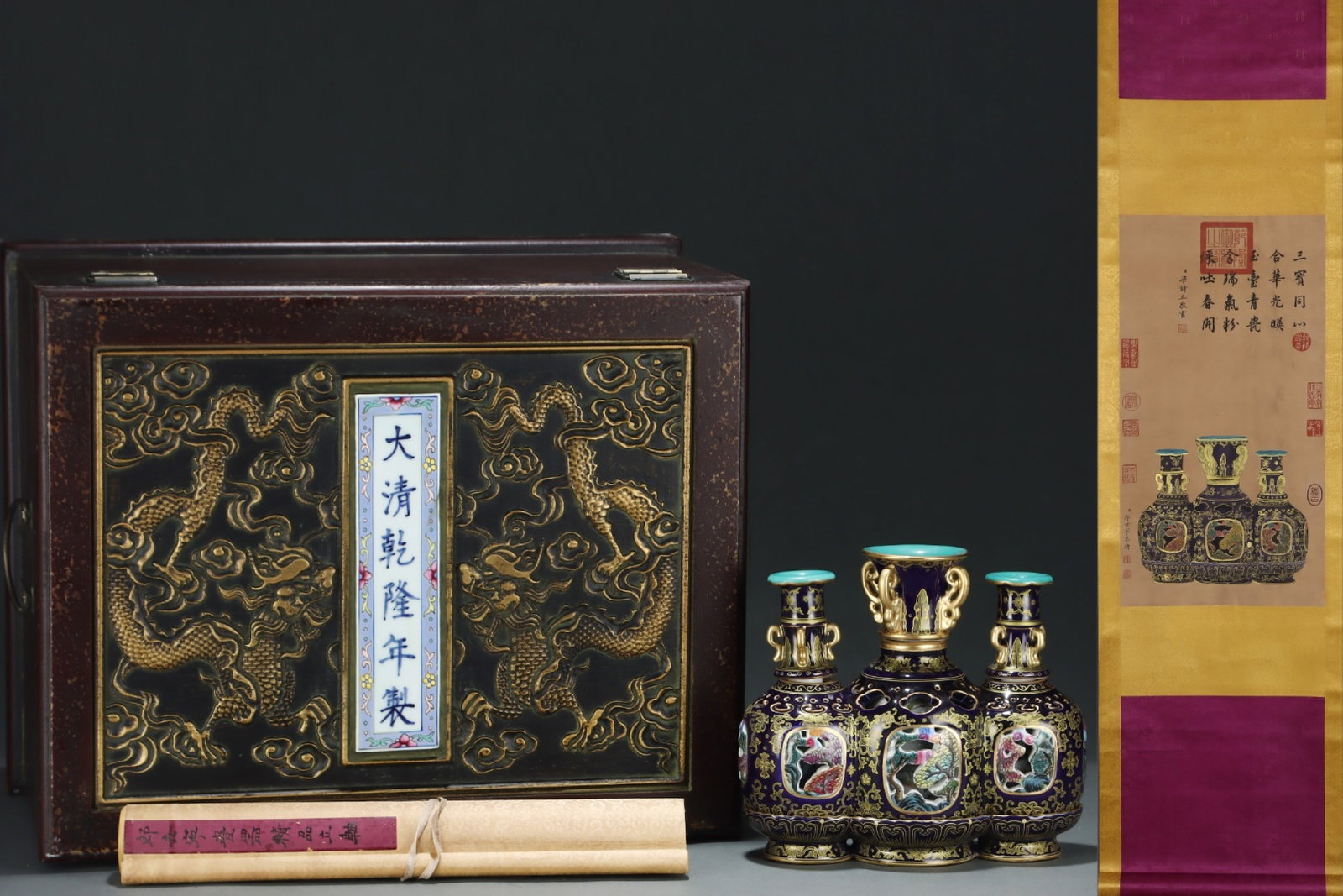An Exquisite Ji Blue Glazed Enamel Painted Gold Lotus Pattern Conjoined bottles,with Chinese: An Exquisite Ji Blue Glazed Enamel Painted Gold Lotus Pattern Conjoined bottles,with Chinese Vertical Scroll Ink Painting on Silk,Qing Dynasty,China,Qianlong Six-character Mark,Size:(Without