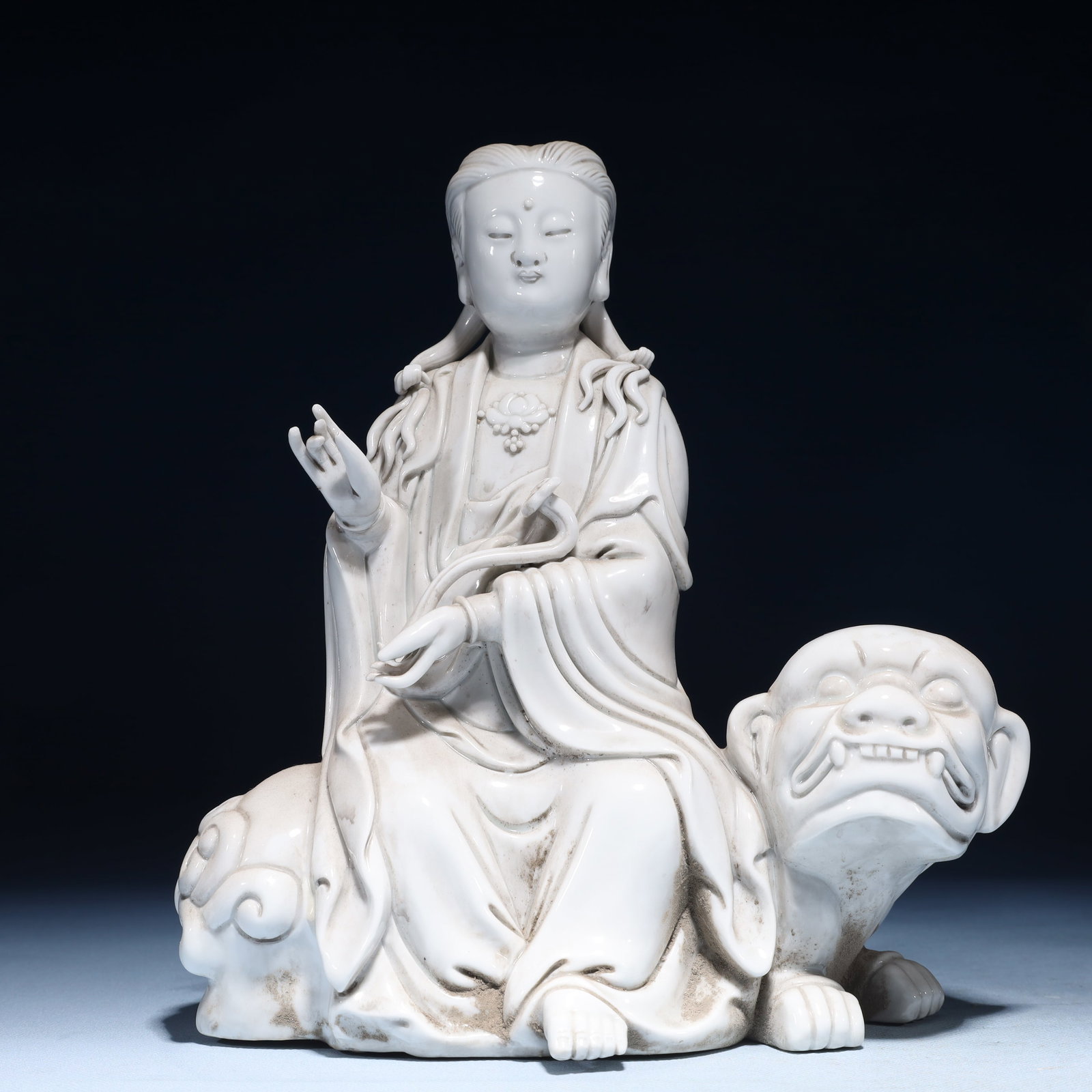 A Solemn Blance-De-Chine Statue of Manjusri: A Solemn Blance-De-Chine Statue of Manjusri Blance-De-Chine Statue of Manjusri,Ming Dynasty,China,He Chaozong Mark,Size:8.7inx5.1inx9.4in,Weight:1800g