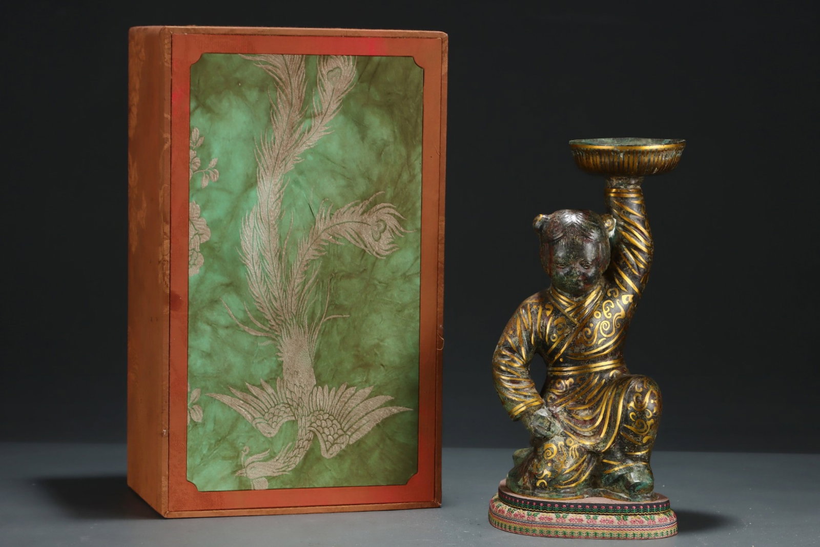 An Archaic Bronze Inlaid Gold Figure Candlestick: An Archaic Bronze Inlaid Gold Figure Candlestick,the Warring States period in China,Size:12inx5.8in