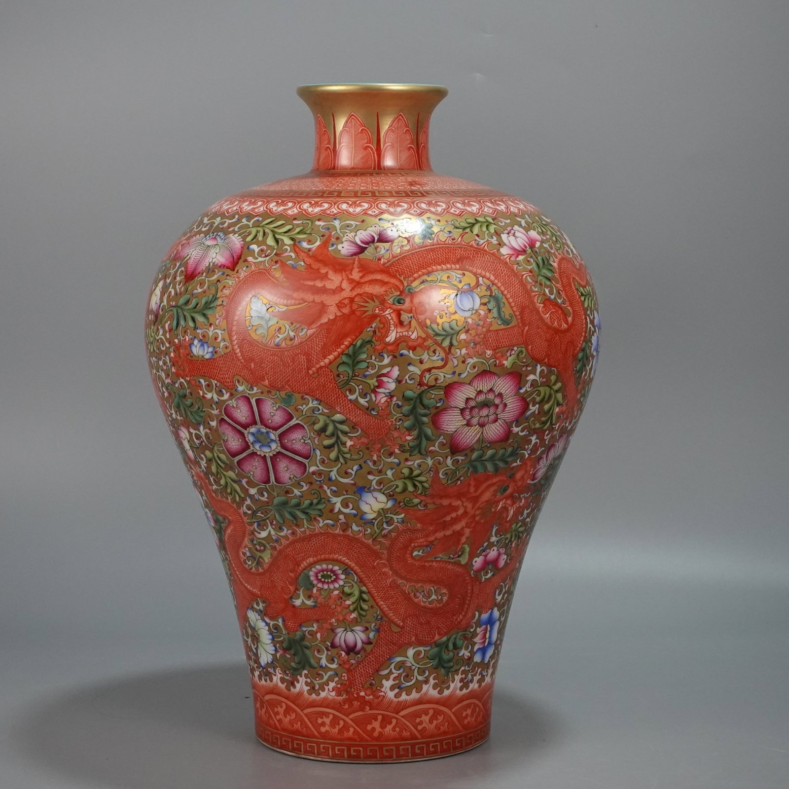 A Rare Gold Ground Iron-Red Lotus and Dragon Pattern Vase: A Rare Gold Ground Iron-Red Lotus and Dragon Pattern Vase,Qing Dynasty,China,Qianlong Six-character Mark,Size:14.9inx9.3in