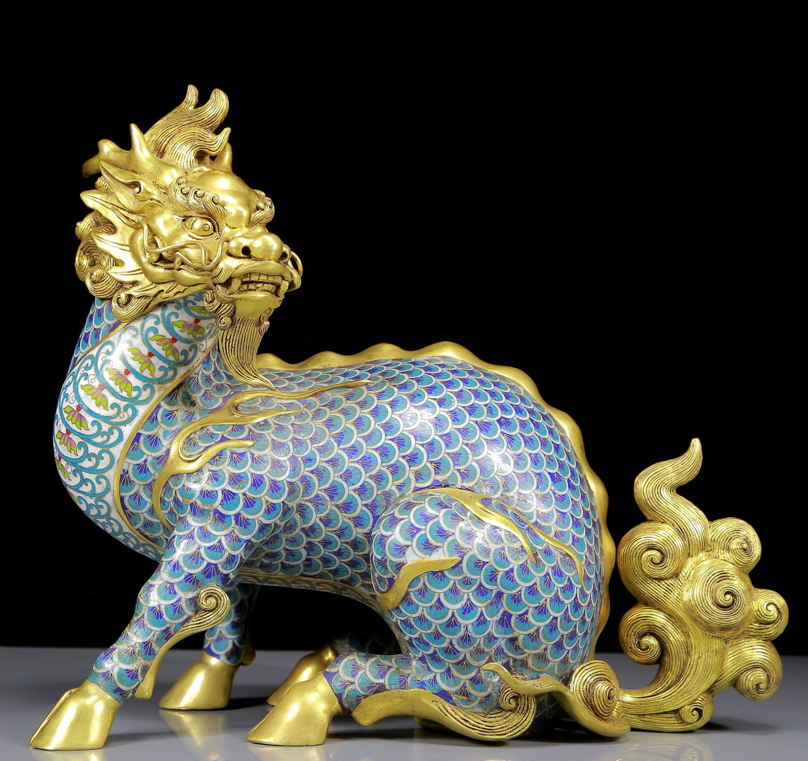 A Rare Cloisonne Kylin Ornament: A Rare Cloisonne Kylin Ornament,Qing Dynasty, China,Qianlong Four-character Mark,Size:14.6inx6.7inx13.8in,Weight:8625g 景泰蓝麒麟摆件，清代&