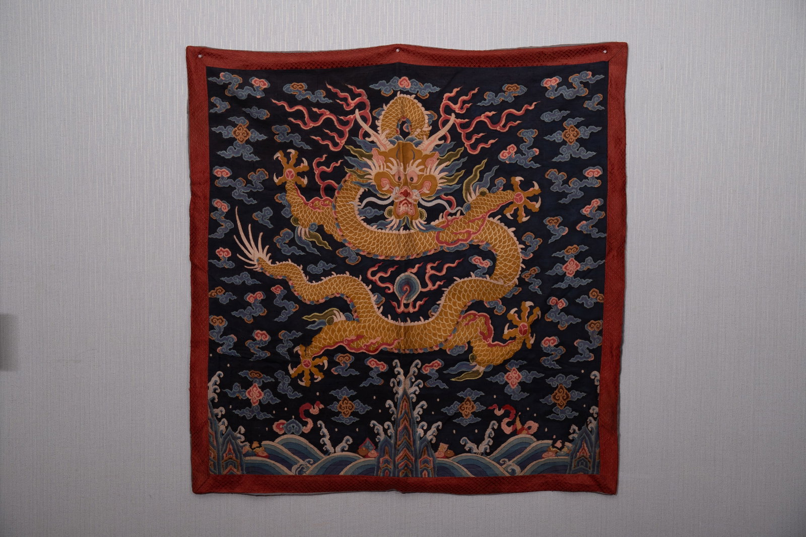 An Exquisite Kesi Embroidery Auspicious Cloud and Dragon Pattern: An Exquisite Kesi Embroidery Auspicious Cloud and Dragon Pattern,Qing Dynasty,China,Size:45.3inx45.3in 缂丝刺绣祥云龙图,中国清代