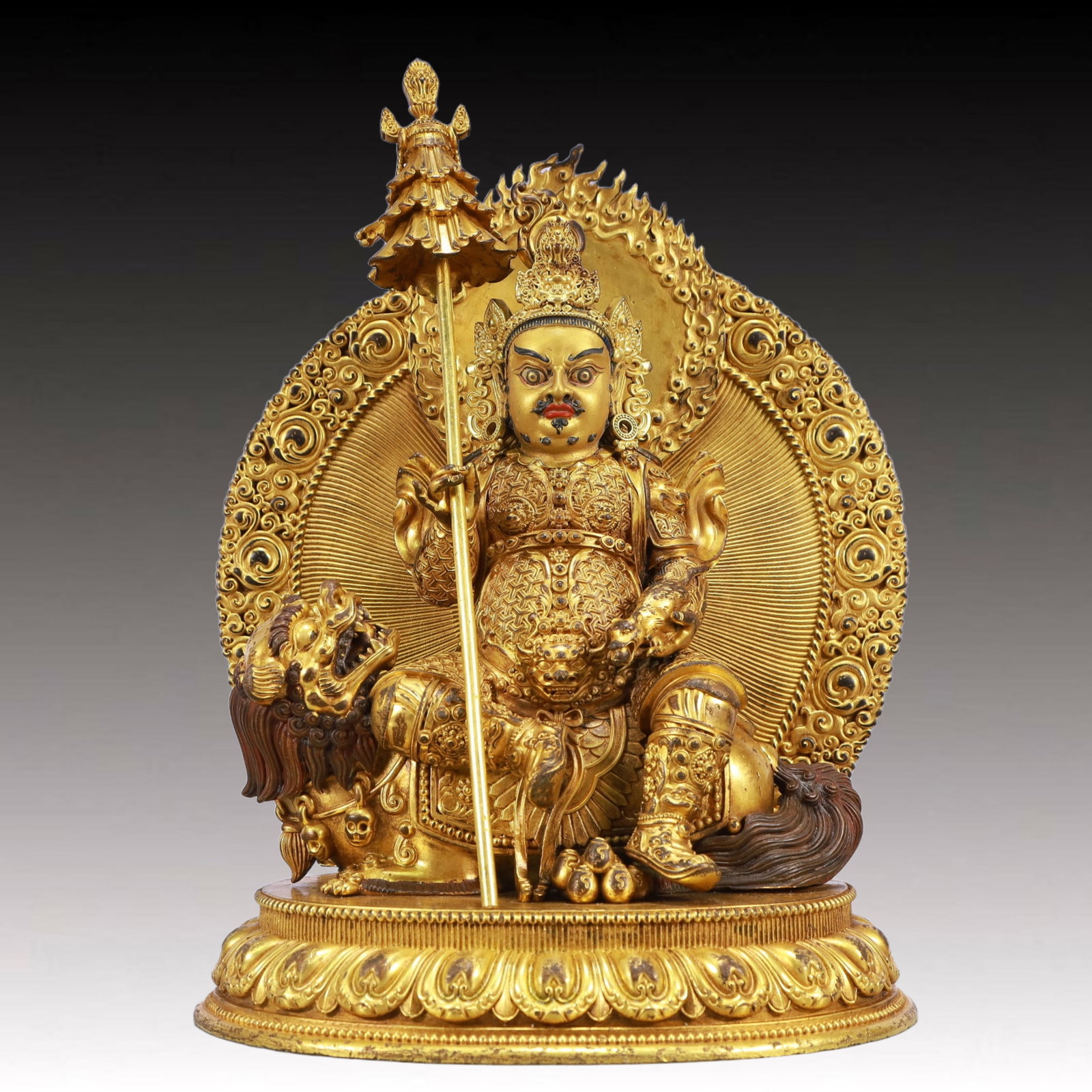 A Solemn Gilt Bronze Statue of Mammon Rides the Lion,With Inscription: A Solemn Gilt Bronze Statue of Mammon Rides the Lion,With Inscription,Qing Dynasty, China,Size:8.7inx5.1inx11.8in,Weight:6850g 铜鎏金骑狮财神像,带