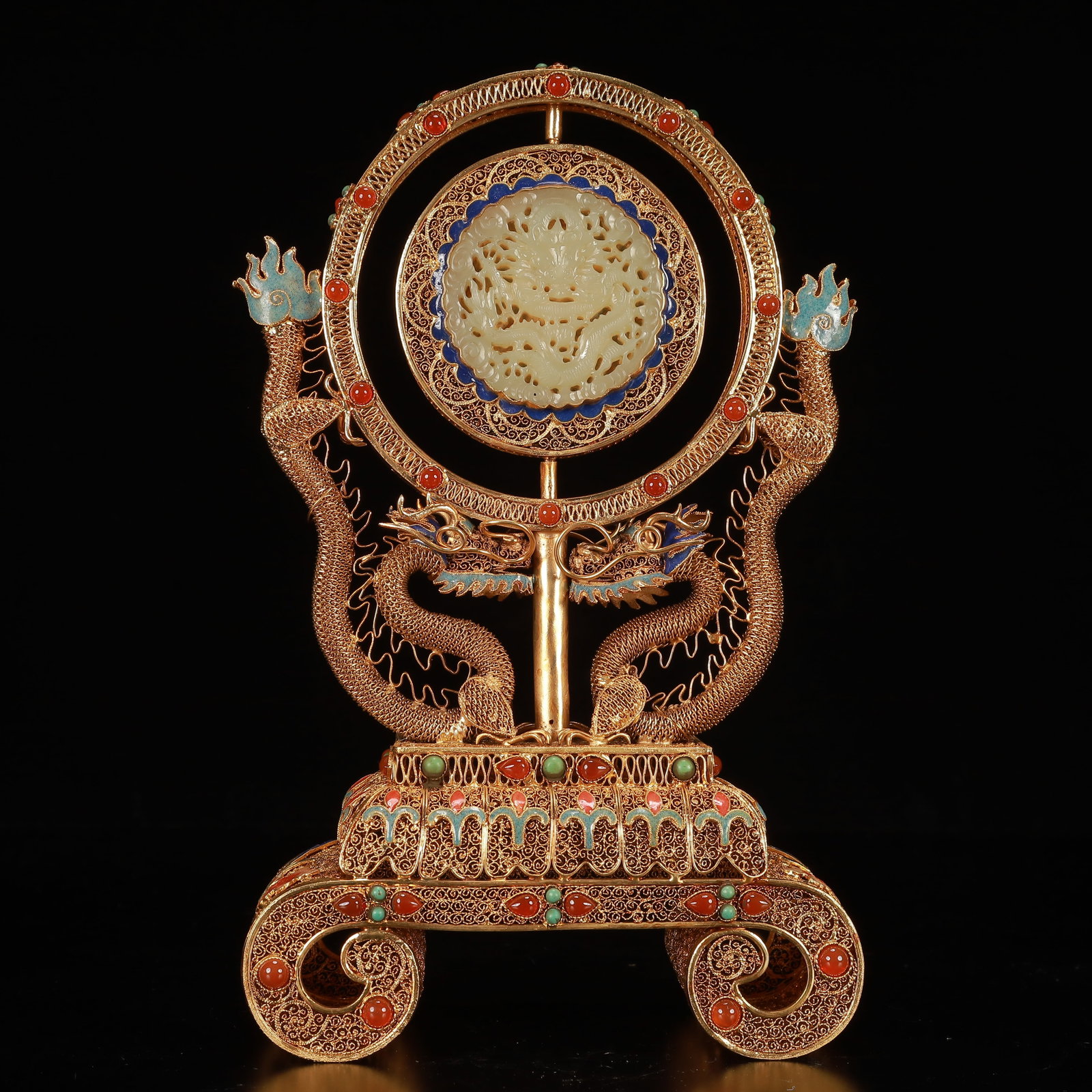 An Exquisite Cloisonne Gilt Dragon Pattern Table Screens,Inlaid Gems (1 of 9)