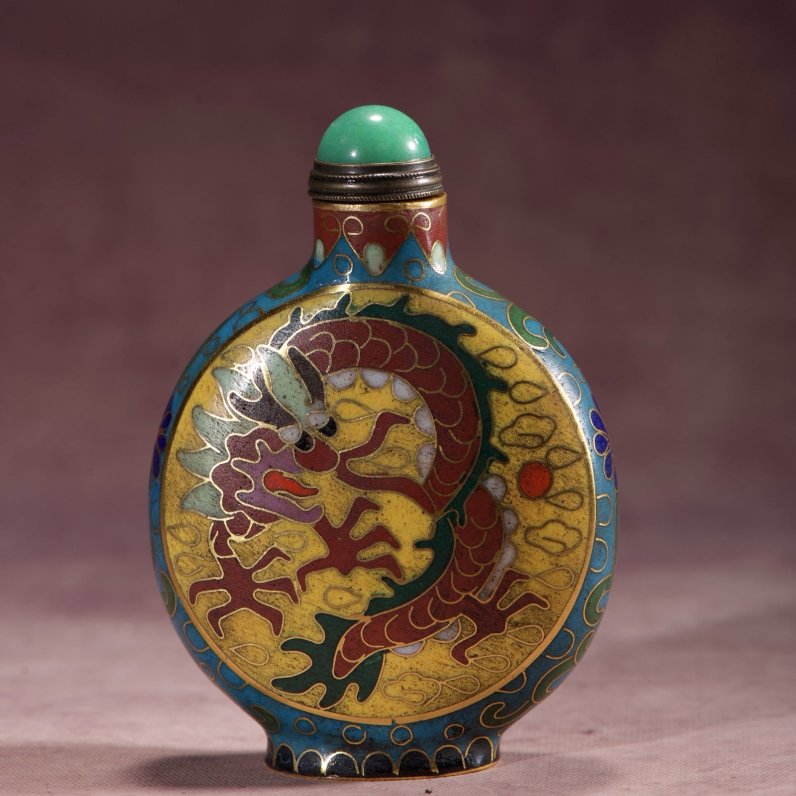 An Exquisite Cloisonne Dragon and Phoenix Pattern Snuff Bottle: An Exquisite Cloisonne Dragon and Phoenix Pattern Snuff Bottle,Qing Dynasty,China,Qianlong Four-character Mark,Size:3.3inx2.3inx1.3in,Weight:79g 景泰蓝龙凤纹鼻