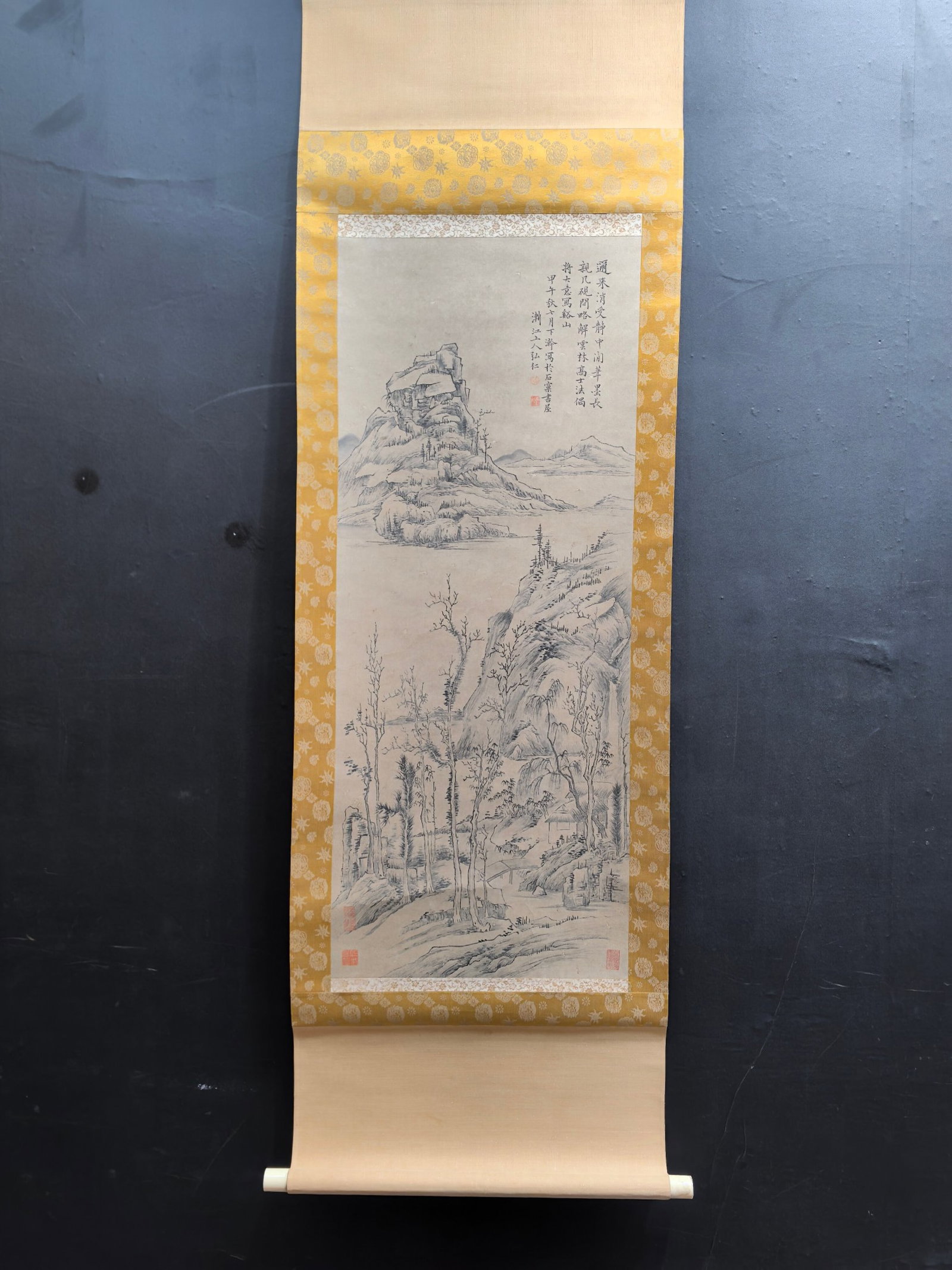 A Chinese Vertical Scroll Ink Painting of Landscape on Paper: A Chinese Vertical Scroll Ink Painting of Landscape on Paper,Hong Ren,Size:15.7inx39.1in 一幅中国水墨山水画立轴,弘仁