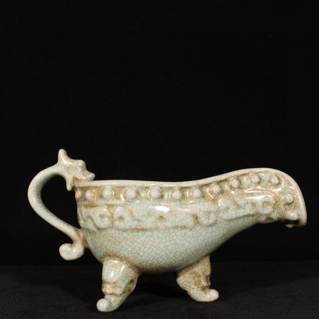 An Exquisite Ru yao Tripod Goblet: An Exquisite Ru yao Tripod Goblet,Song Dynasty,China,Size:8.7inx5.1in 汝窑三足爵杯,中国宋代
