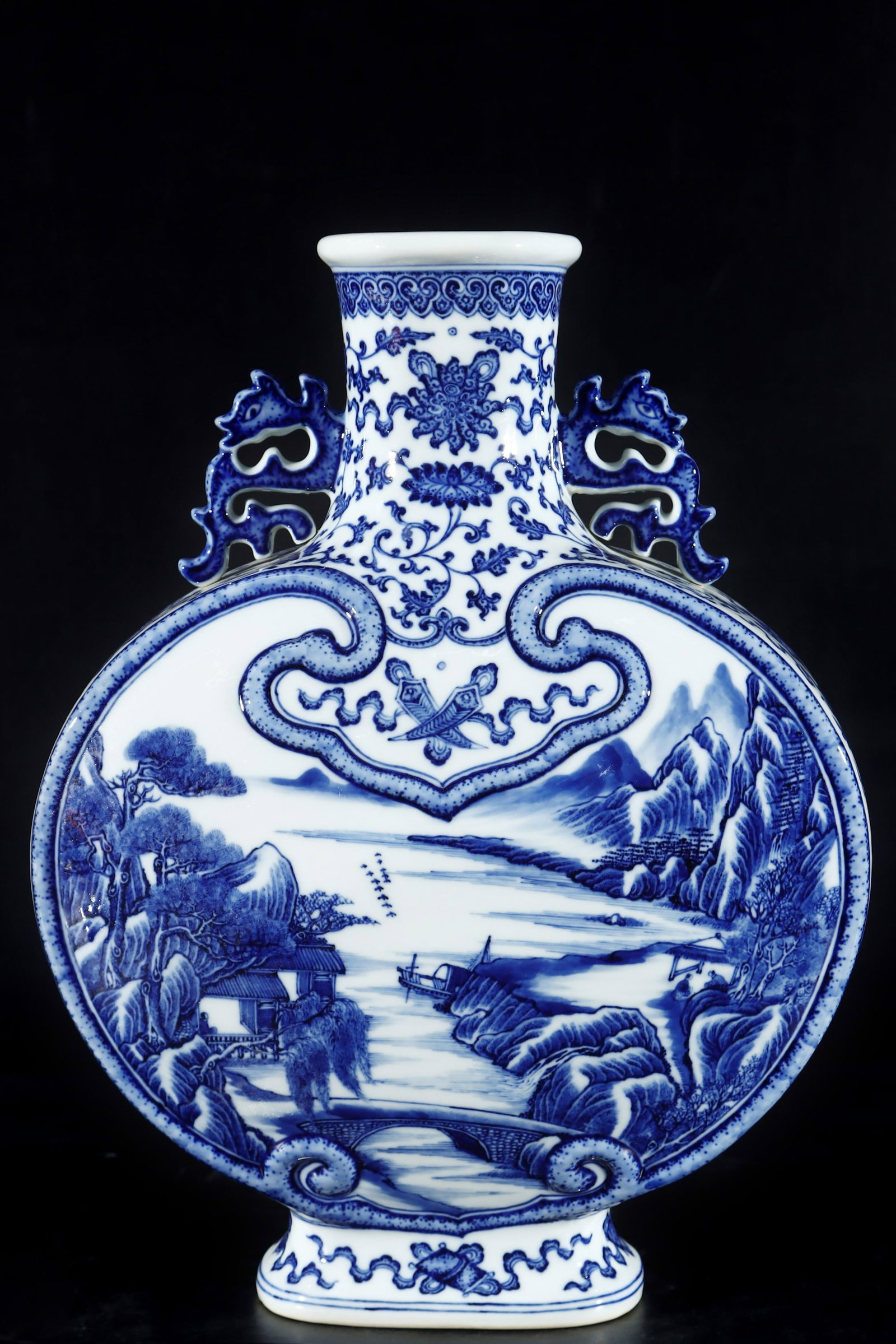 A Huge Blue and White Landscape and Figure Pattern Double-Ears Vase: A Huge Blue and White Landscape and Figure Pattern Double-Ears Vase,Qing Dynasty,China,Qianlong Six-character Mark,Size:16.1inx12.3in 青花山水人物纹双&#
