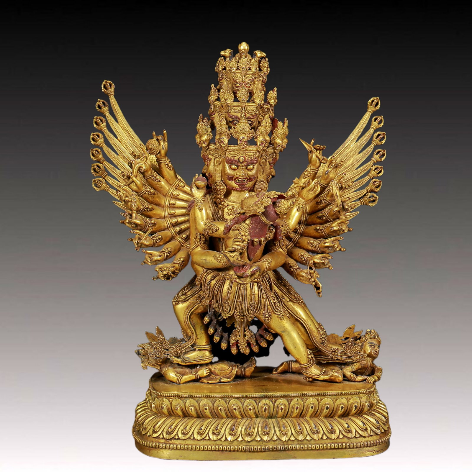 A Solemn Gilt Bronze Statue of Yamantaka: A Solemn Gilt Bronze Statue of Yamantaka,Ming Dynasty, China,Yongle Six-character Mark,Size: 10.6inx6.3inx16.9in,Weight:12180g 铜鎏金大威德金刚像&