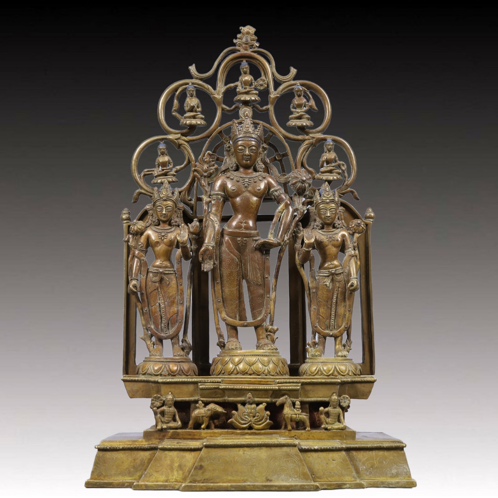 A Solemn Gilt Bronze Statue of Avalokitesvara, With Inscription: A Solemn Gilt Bronze Statue of Avalokitesvara, With Inscription, Ming Dynasty, China, Size:9.8inx4.7inx15.7in, Weight:6200g