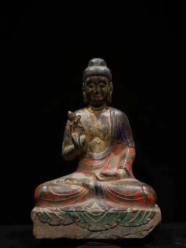 A Rare Limestone Painted Color Buddha Statue Ornament: A Rare Limestone Painted Color Buddha Statue Ornament,Qing Dynasty, China,Size:25.6inx15.7inx11in 青石彩绘佛像摆件,中国清代