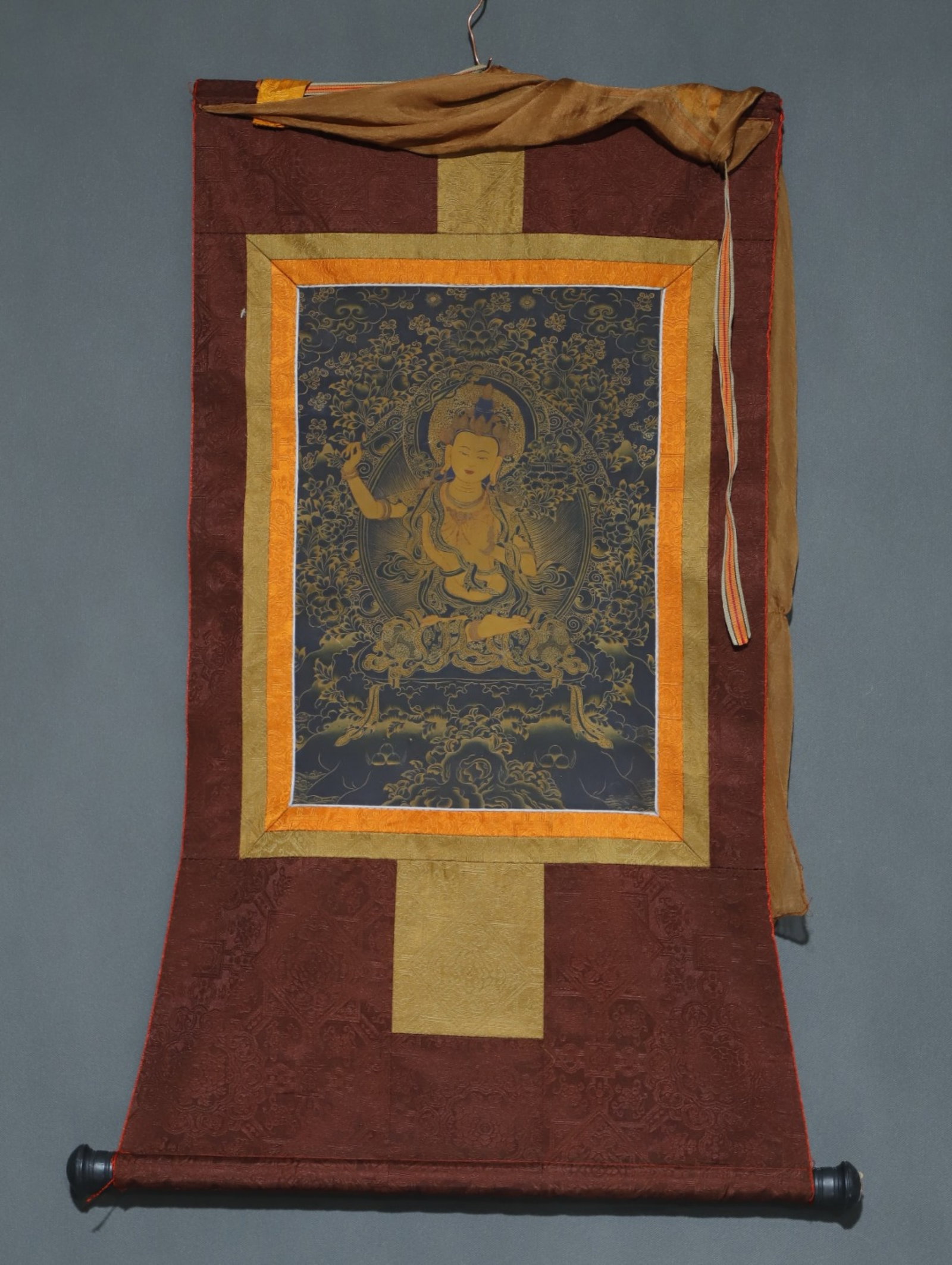 A Rare Brocade Painted Color Statue of Manjusri Tangka: A Rare Brocade Painted Color Statue of Manjusri Tangka,Qing Dynasty, China,Size:34.6inx18.1in,(Without frame)16.5inx11in