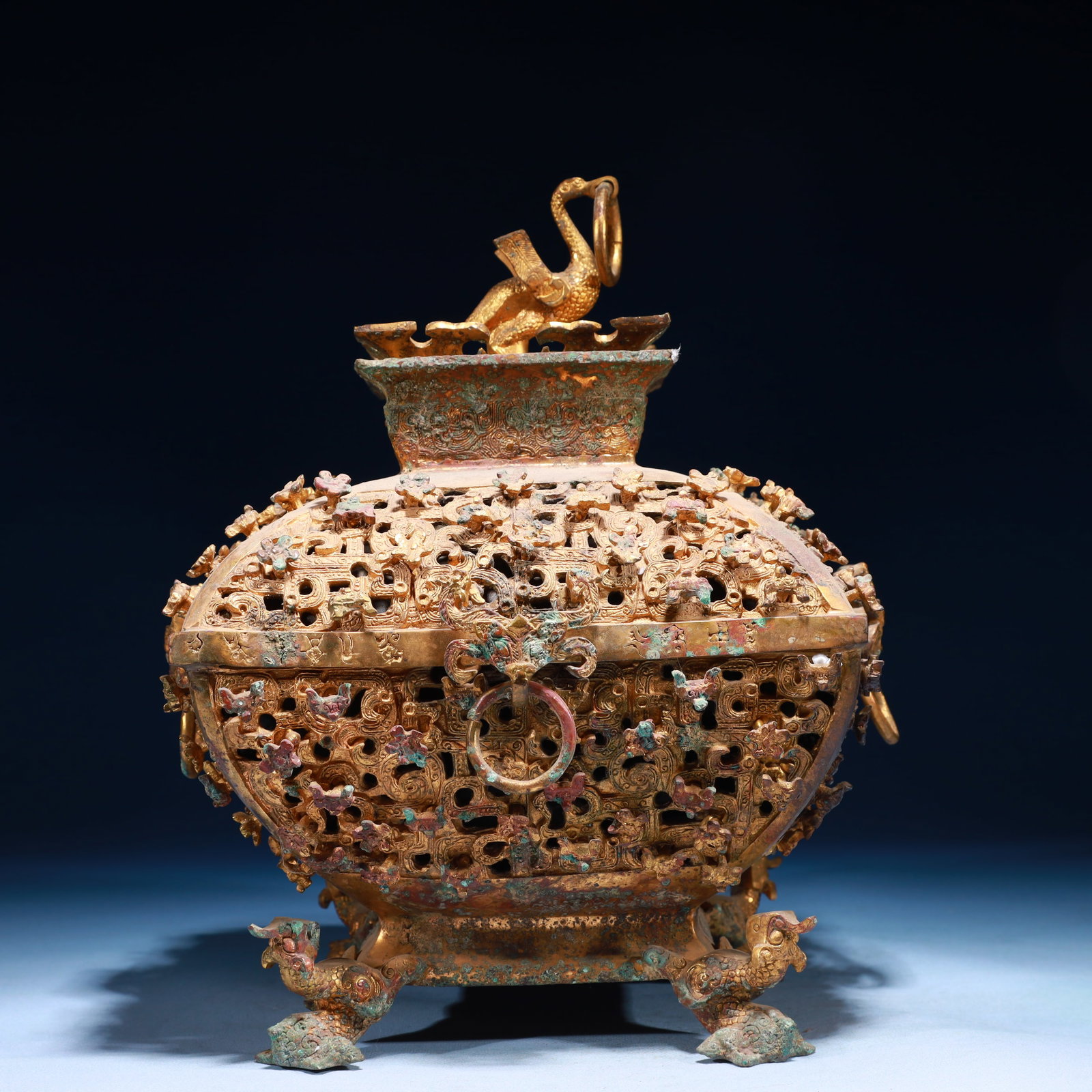 An Exquisite Gilt Bronze Double-Ears and Tripod Censer: An Exquisite Gilt Bronze Double-Ears and Tripod Censer,Qing Dynasty,China,Size:9.4inx13.4inx9.4in,Weight:8750g 铜鎏金双耳三足香炉,中国