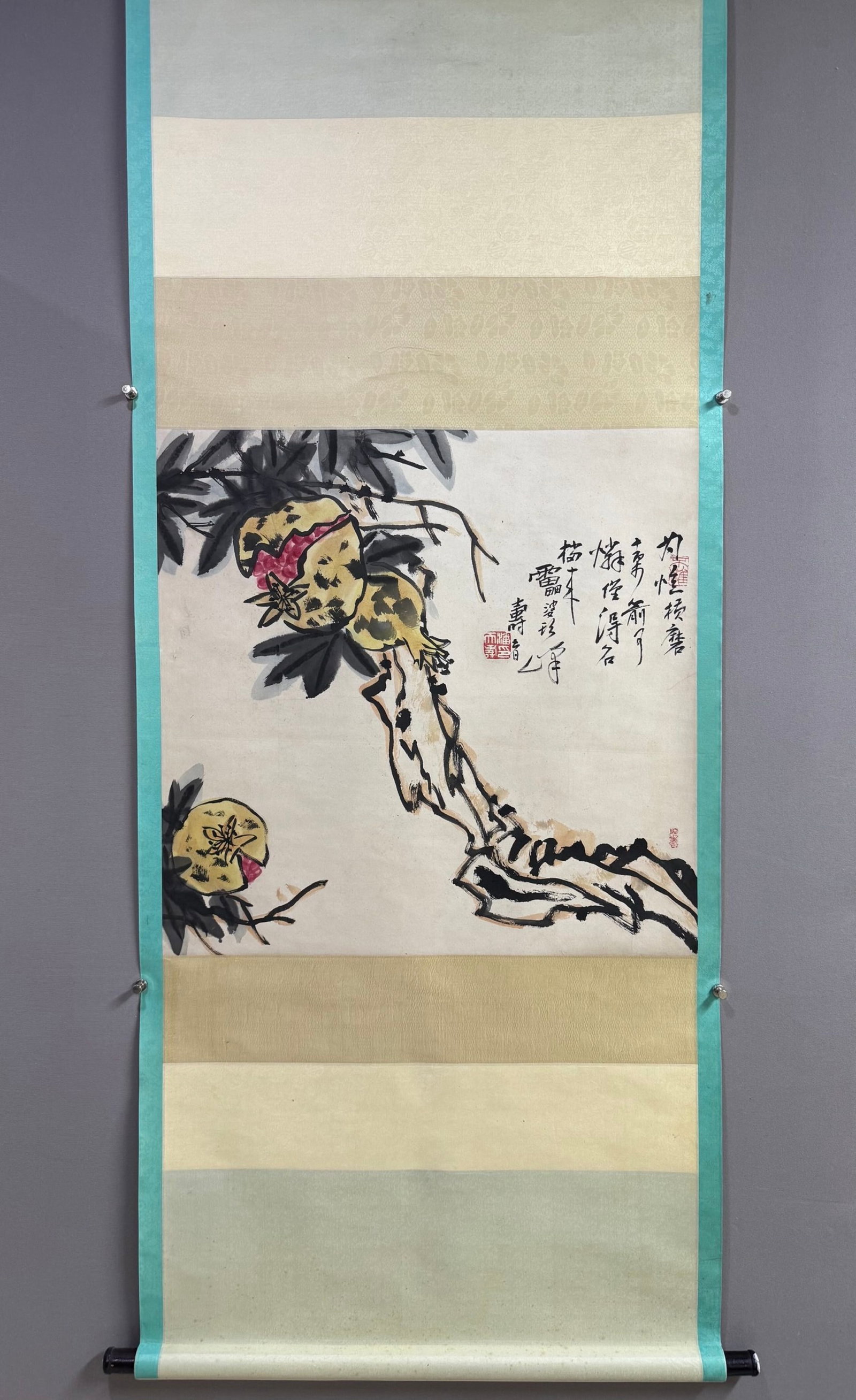A Chinese Vertical Scroll Ink Painting of Pomegranate on Paper: A Chinese Vertical Scroll Ink Painting of Pomegranate on Paper,Pan Tianshou,Size:26.4inx26.8in 一幅中国水墨石榴画立轴,潘天