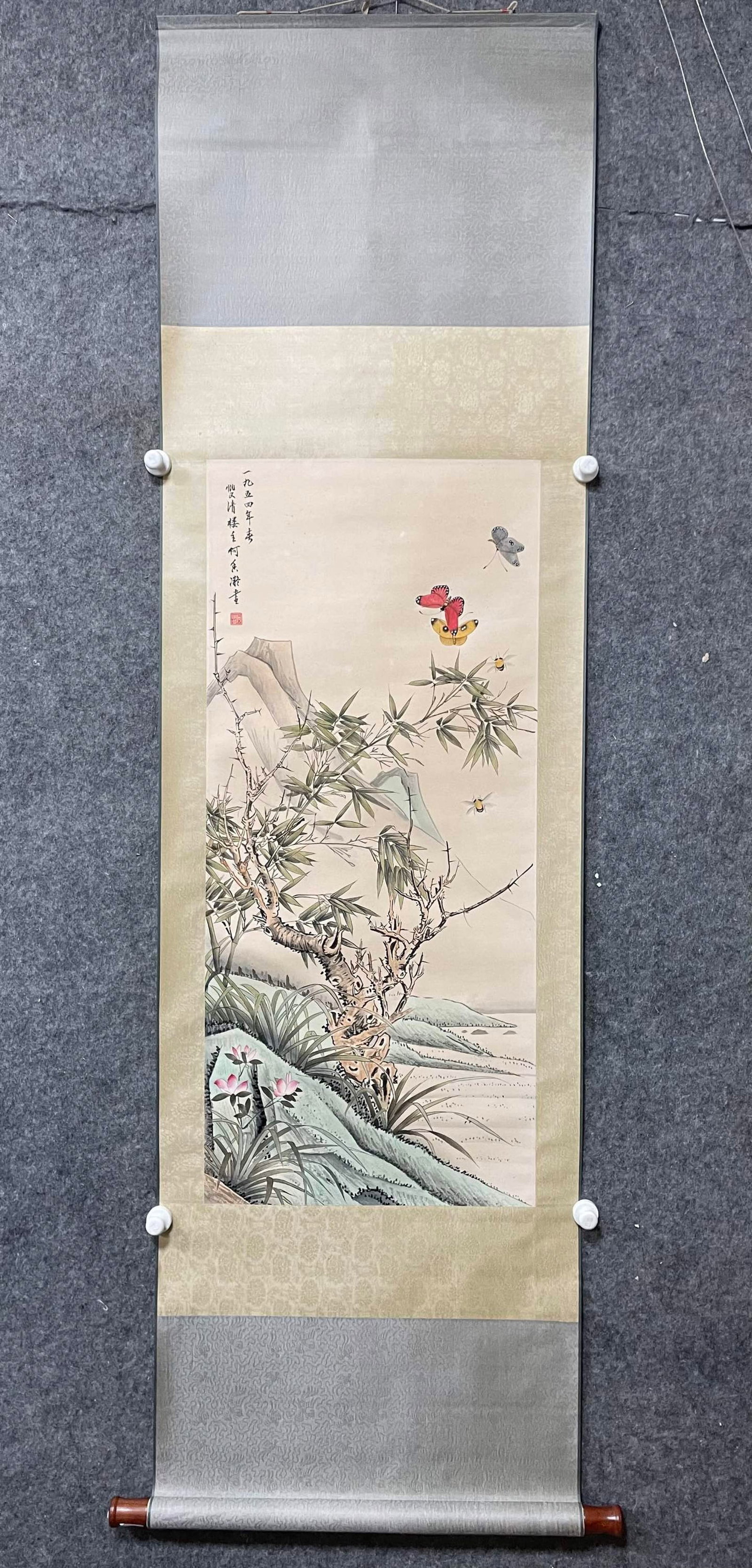 A Chinese Vertical Scroll Ink Painting of Flower and Butterfly on Paper: A Chinese Vertical Scroll Ink Painting of Flower and Butterfly on Paper,He Xiangning,Size:17.3inx38.6in