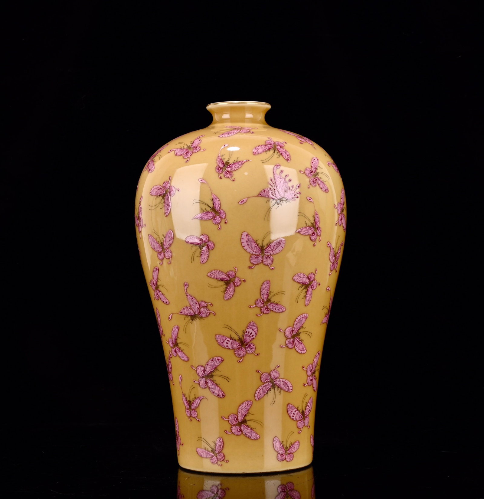 A Rare Yellow Glazed Ruby Red-Glazed Butterfly Pattern Vase: A Rare Yellow Glazed Ruby Red-Glazed Butterfly Pattern Vase,Qing Dynasty,China,Qianlong Six-character Mark,Size:12.4inx7.1in 黄釉胭脂红蝴蝶纹瓶,&#