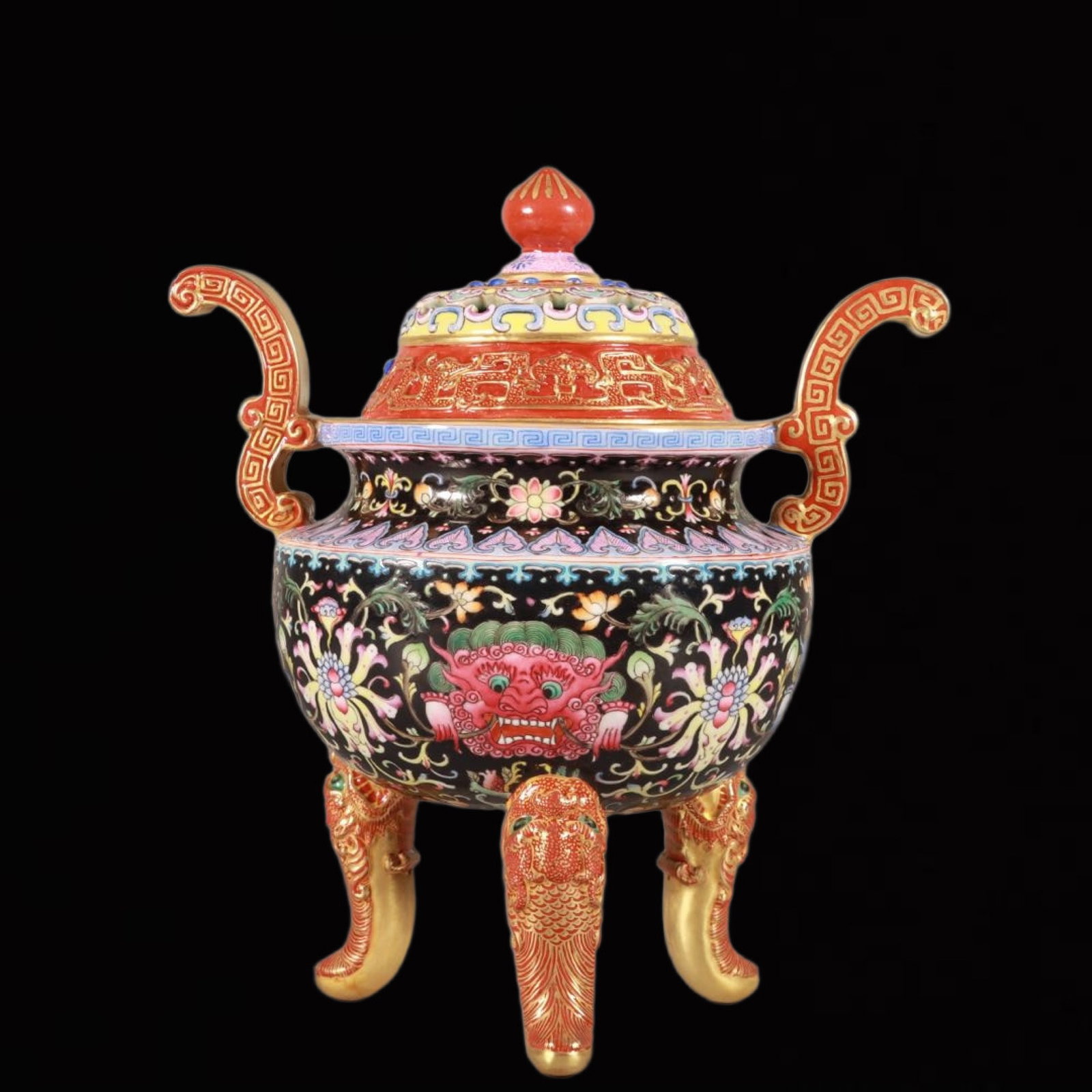 An Exquisite Enamel Black Ground Lotus Pattern Double-Ears and Tripod Censer: An Exquisite Enamel Black Ground Lotus Pattern Double-Ears and Tripod Censer,Qing Dynasty,China,Qianlong Six-character Mark,Size:8.3inx6.9in 珐琅彩黑地缠枝