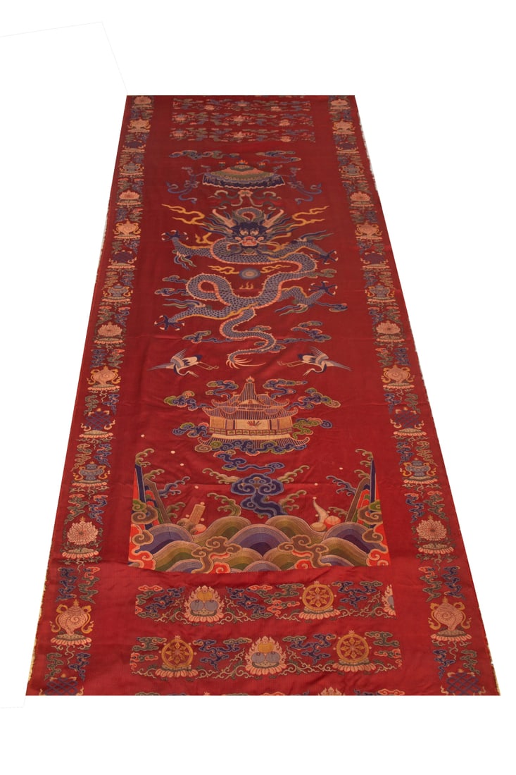 An Exquisite Brocade Embroidery Seawater and Dragon Pattern: An Exquisite Brocade Embroidery Seawater and Dragon Pattern,Qing Dynasty,China,Size:177.2inx47.2in 云锦刺绣海水龙图,中国清代
