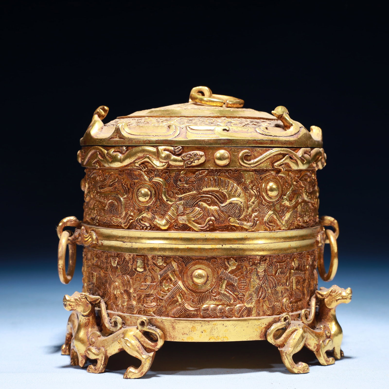 An Exquisite Gilt Bronze Auspicious Beast Pattern Jar with Cover: An Exquisite Gilt Bronze Auspicious Beast Pattern Jar with Cover,Qing Dynasty,China,Size:6.7inx5.9inx6.7in,Weight:1600g 铜鎏金瑞兽纹盖罐,中国