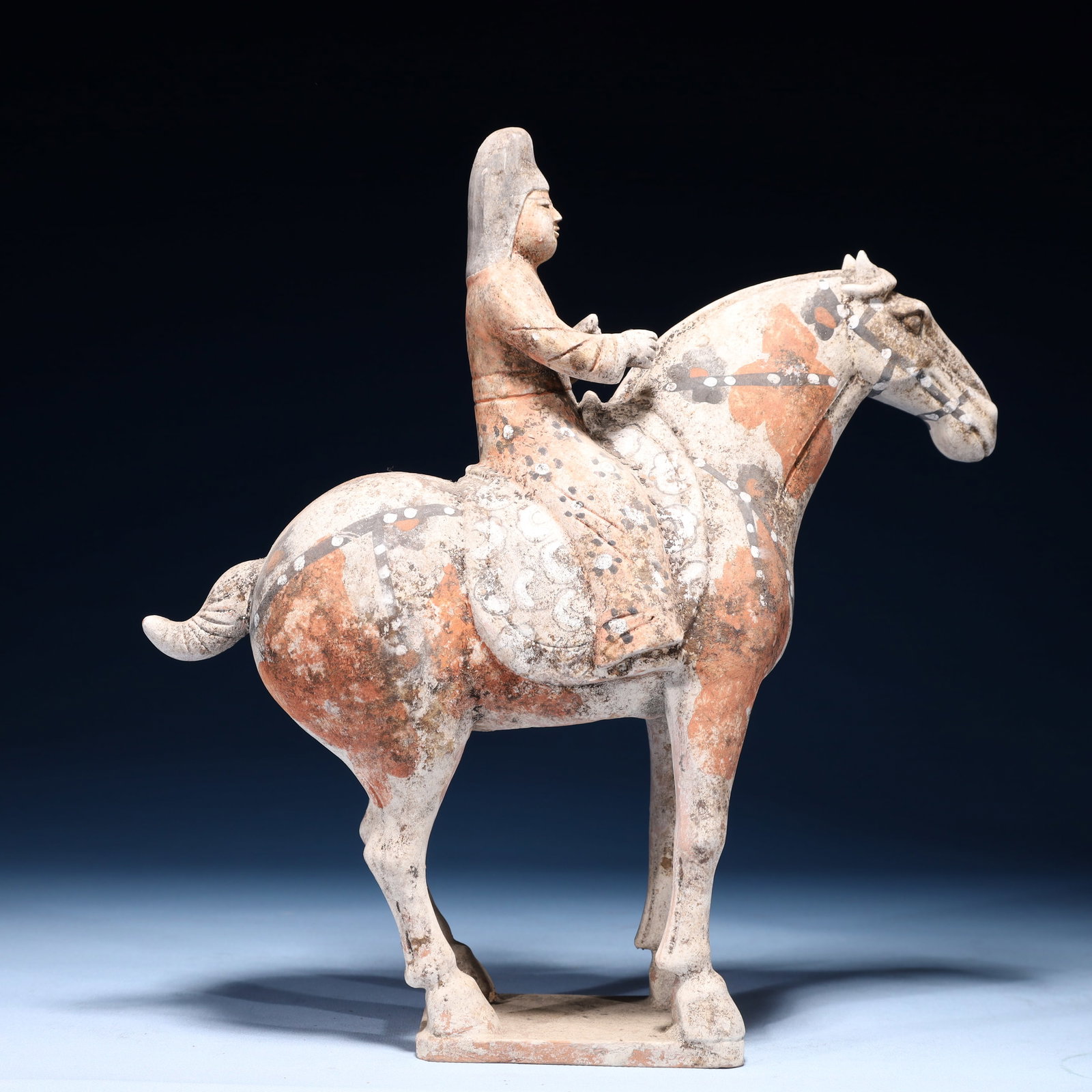 A Rare Tang Tri-Color Glazed Pottery Figure Riding Horse Ornaments: A Rare Tang Tri-Color Glazed Pottery Figure Riding Horse Ornaments,Tang Dynasty,China,Size:12.6inx3.5inx13in,Weight:3600g 唐三彩人物骑马摆件,È