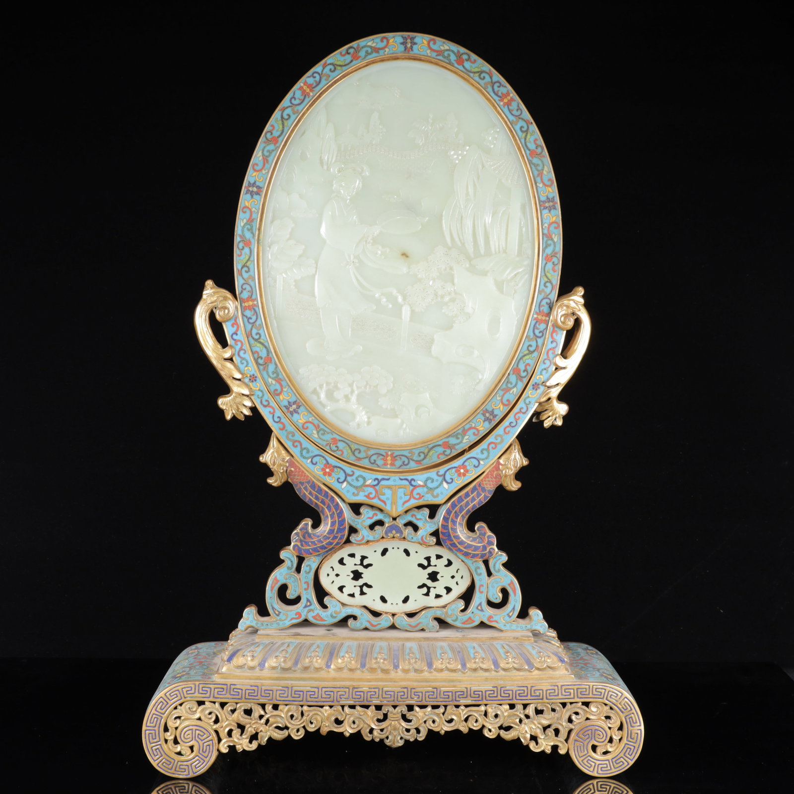 An Exquisite Cloisonne Inlaid White Jade Figure Pattern Table Screen,with poem: An Exquisite Cloisonne Inlaid White Jade Figure Pattern Table Screen,with poem,Qing Dynasty, China,With Mark,Size:22inx14.6inx3.9in,Weight:4100g 景泰蓝嵌白玉人