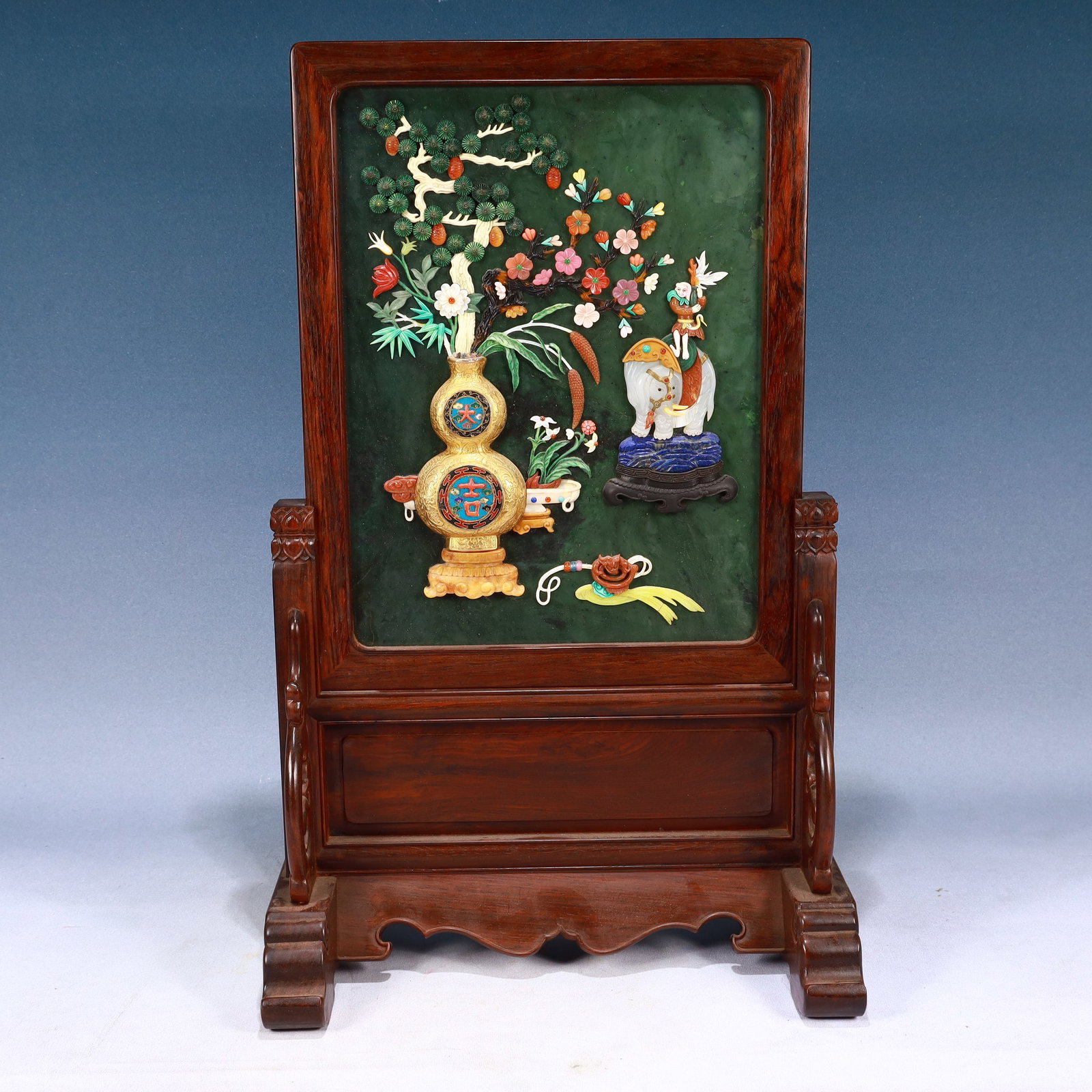 A Huge ZitanwoodInlaid Jasper Flower and Elephant Pattern Table Screen,Inlaid Gems: A Huge ZitanwoodInlaid Jasper Flower and Elephant Pattern Table Screen,Inlaid Gems,Qing Dynasty, China,Size:14.6inx9.1inx23.2in,Weight:6400g