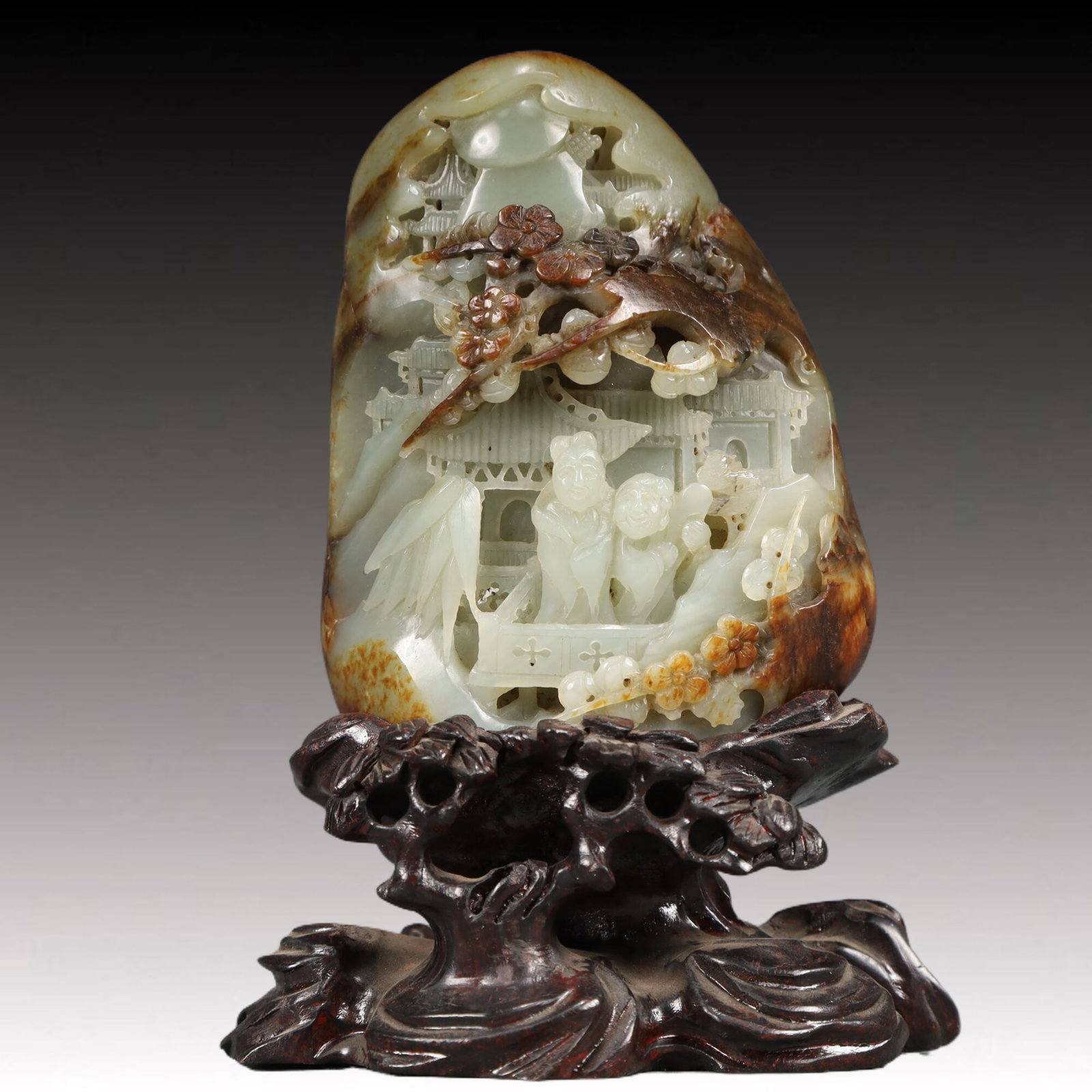 An Exquisite Cyan jade Landscape and Figure Pattern Ornament: An Exquisite Cyan jade Landscape and Figure Pattern Ornament,Qing Dynasty, China,Size:3.1inx1.6inx4.5in Weight:700g
