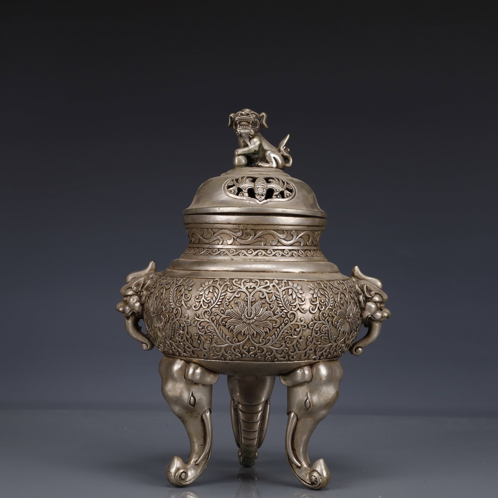 An Exquisite Silver-Plated Bronze Lotus Pattern Double-Ears and Tripod Censer: An Exquisite Silver-Plated Bronze Lotus Pattern Double-Ears and Tripod Censer,Qing Dynasty, China,Qianlong Four-character Mark,Size:7.9inx6.3inx10.2in,Weight:1850g