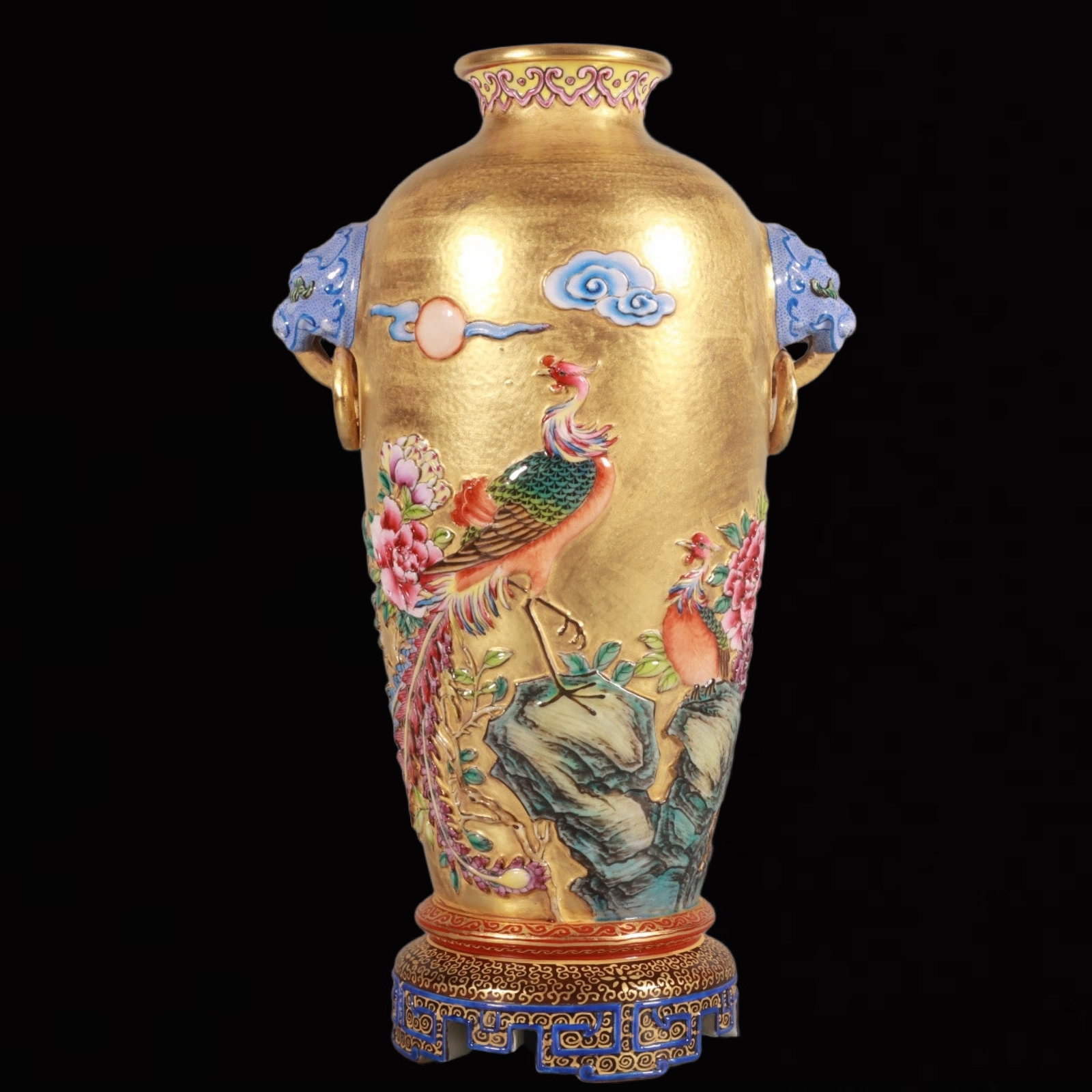 An Exquisite Enamel Gold Ground Flower and Phoenix Pattern Lion-Ears Vase: An Exquisite Enamel Gold Ground Flower and Phoenix Pattern Lion-Ears Vase,Qing Dynasty,China,Qianlong Six-character Mark,Size:8.7inx4.7in