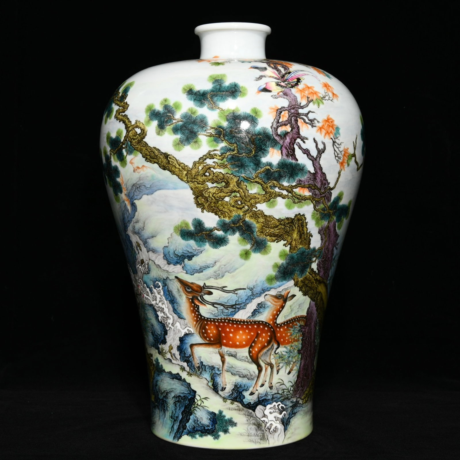 A Rare Enamel Pine and Deer Pattern Vase,with poem: A Rare Enamel Pine and Deer Pattern Vase,with poem,Qing Dynasty,China,Yongzheng Six-character Mark,Size:14.8inx9.4in 珐琅彩松鹿纹瓶,带诗文,&