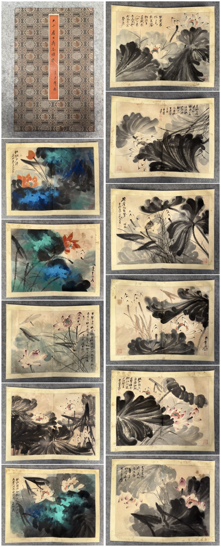 A Chinese Album Ink Painting of Lotus on Paper: A Chinese Album Ink Painting of Lotus on Paper,Zhang Daqian,Size:(Single)15.7inx21.3in,(Album)18.5inx11.8in